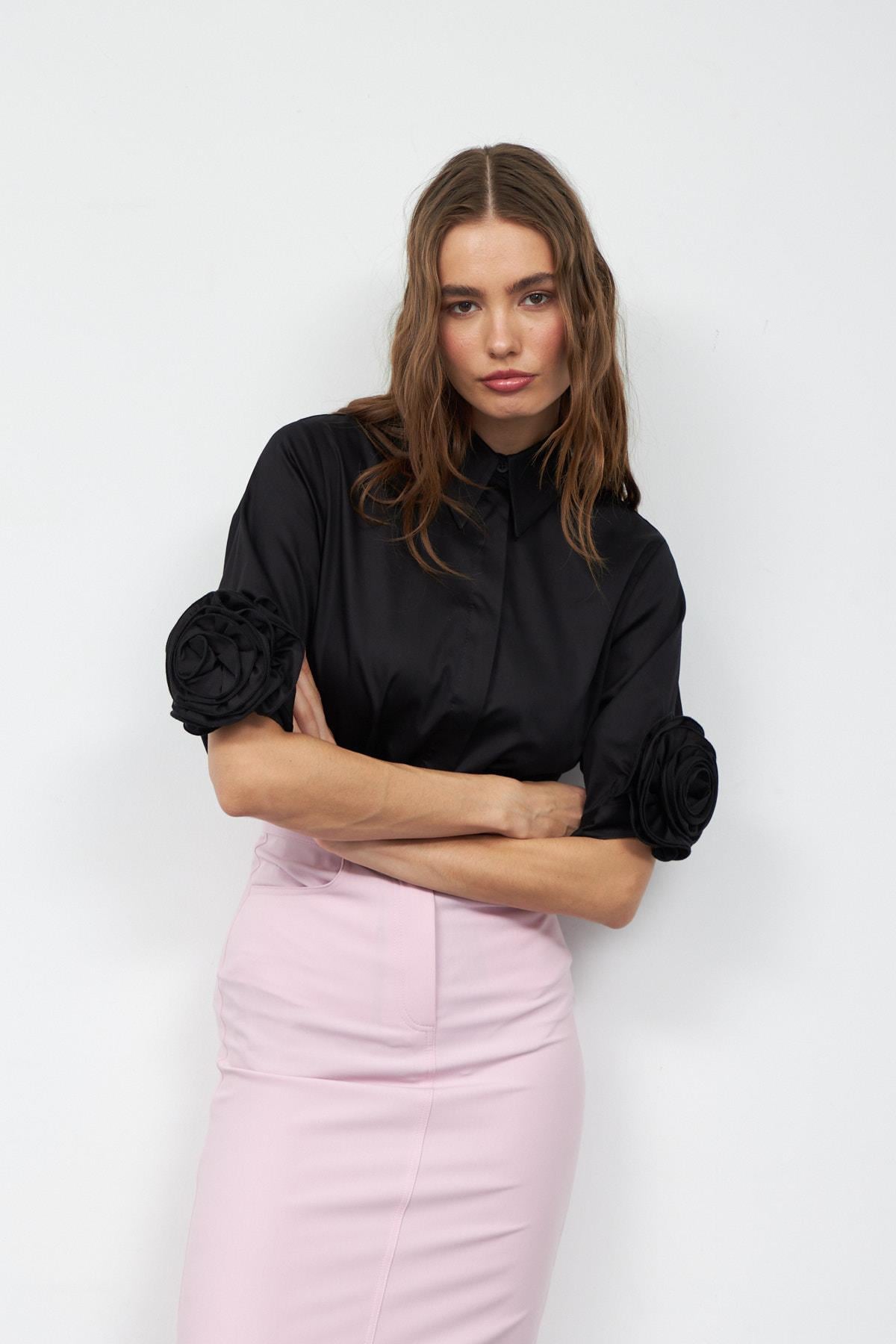 Floral Sleeves %100 Koton Kısa Kollu Gömlek Siyah