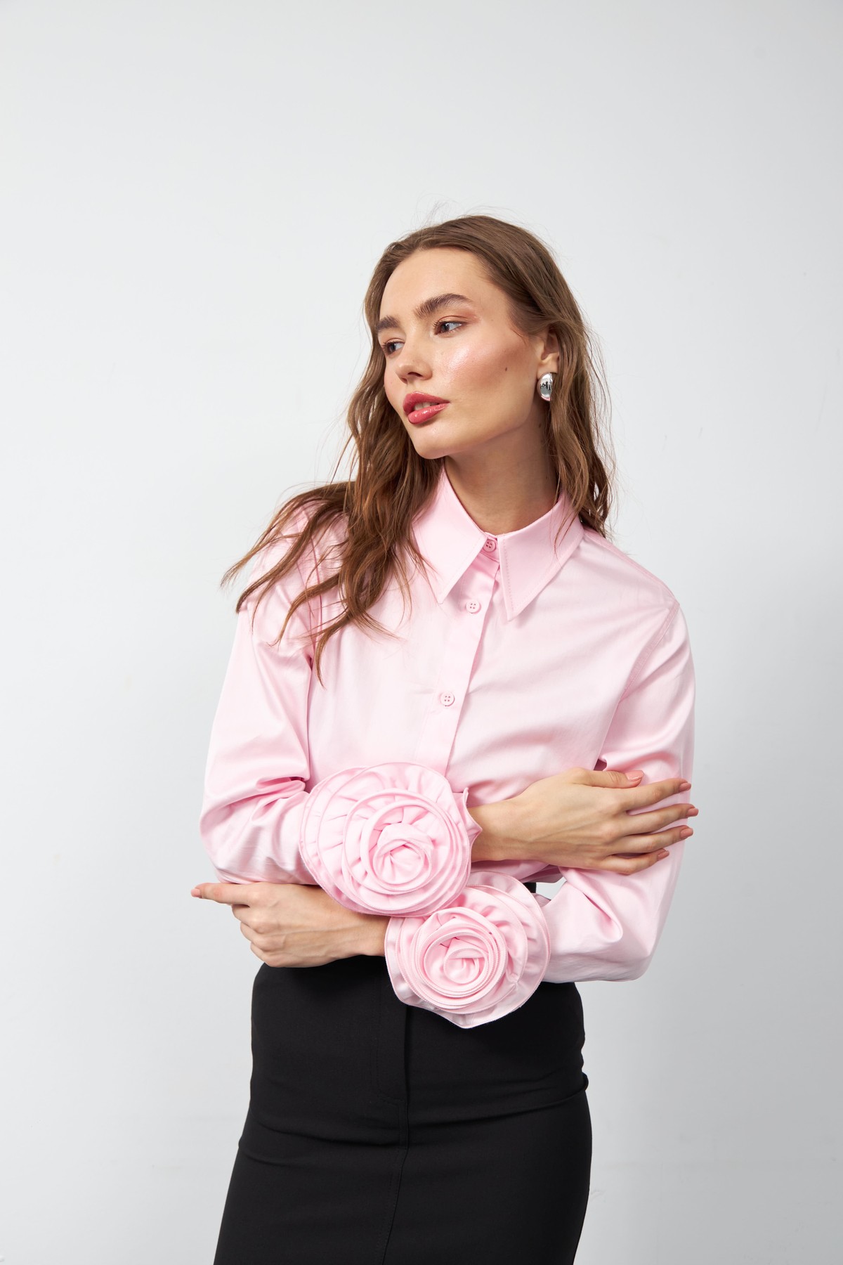 Floral Sleeves %100 Koton Uzun Kollu Gömlek TOZ PEMBE