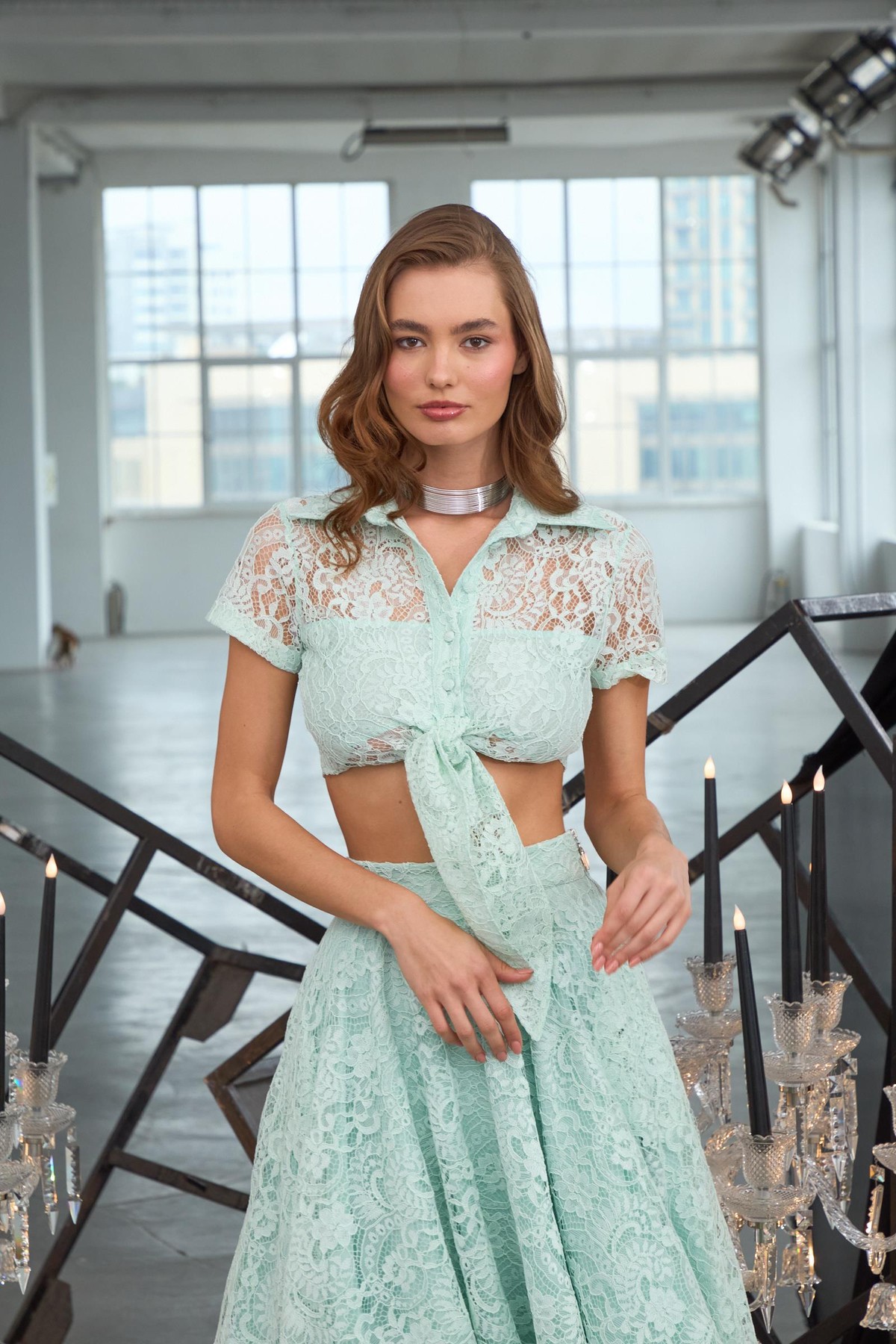 Lace Blossom Glow Kısa Kollu Dantel Gömlek Mint