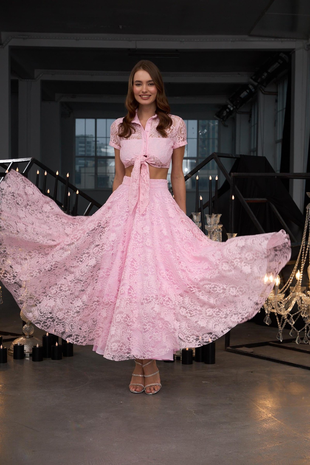 Lace Blossom Glow Maxi Boy Dantel Etek Pembe