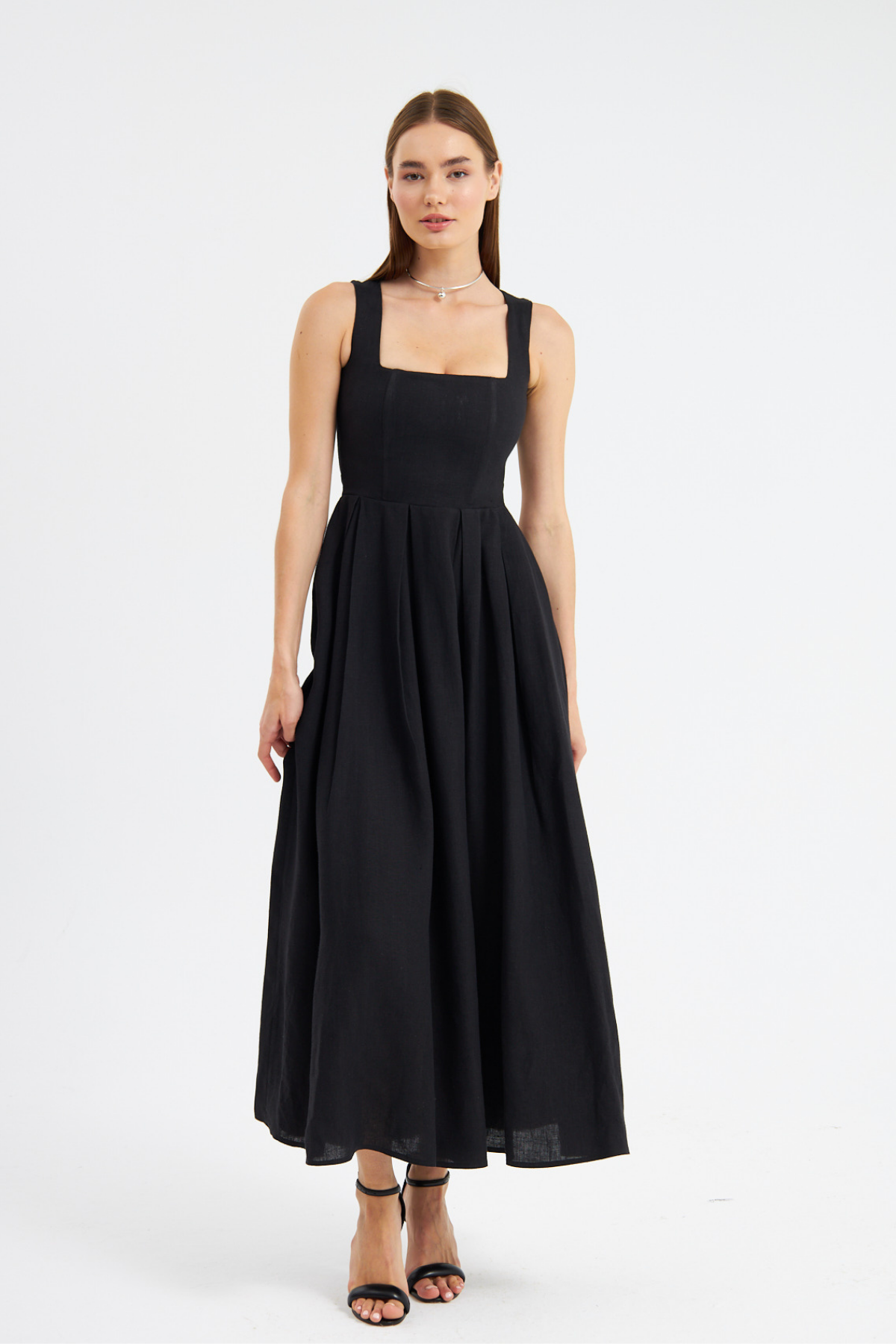 Love Serisi Maxi Boy %100 Keten Elbise Siyah