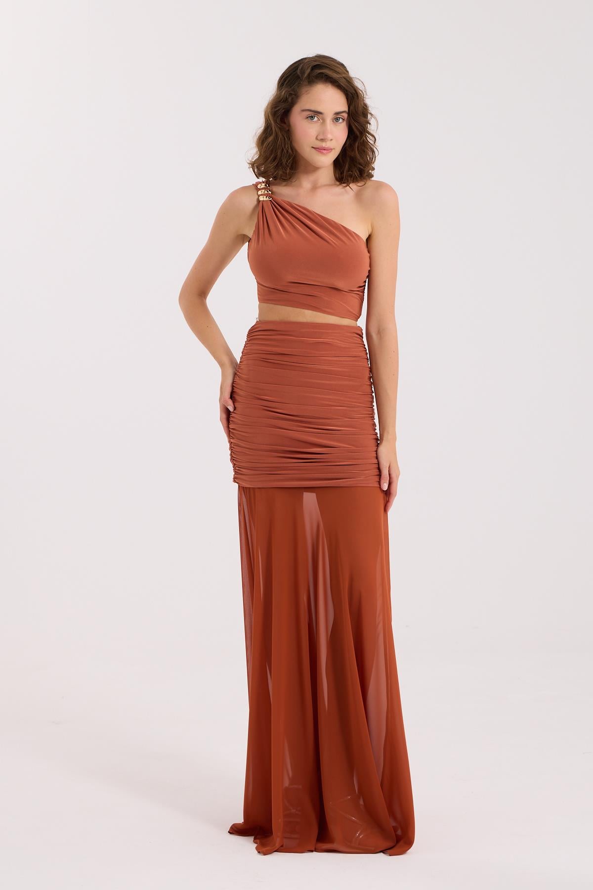 Luxe Touch Şifon Detaylı Maxi Boy Etek BRONZ