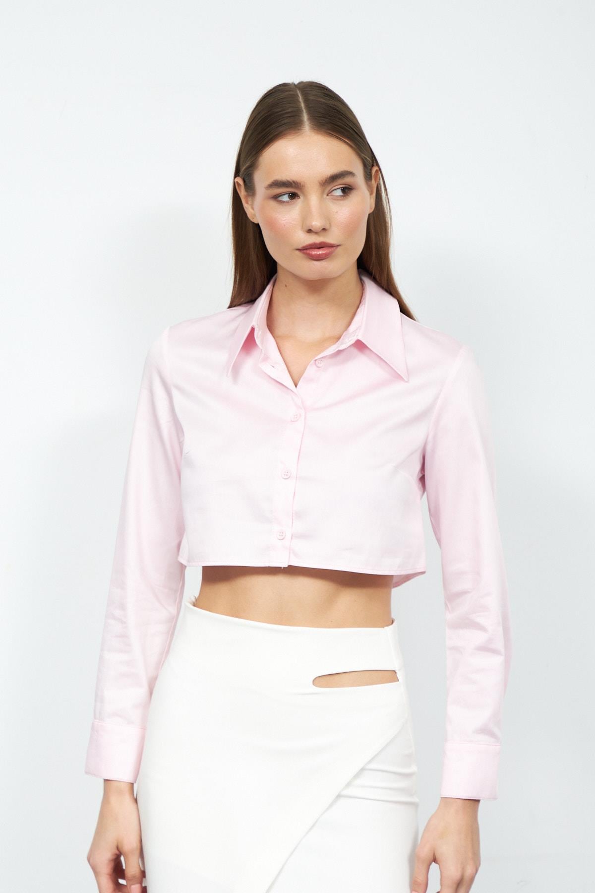 Modern Classic 100% Koton Crop Gömlek TOZ PEMBE