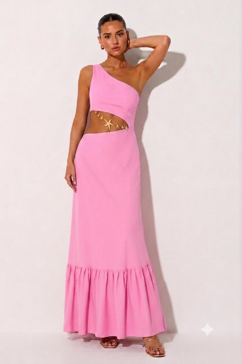 Mon Amour %100 Linen Maxi Dress Pink