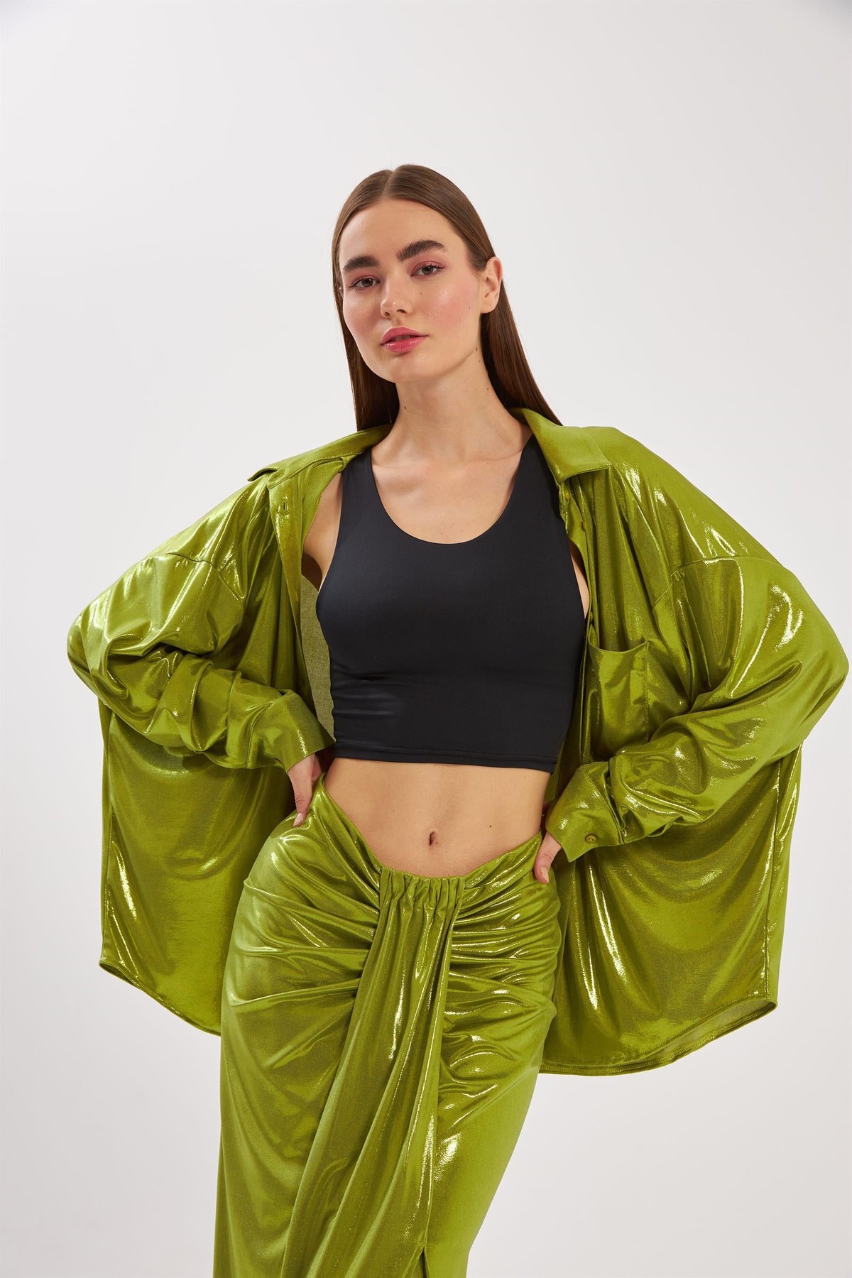 Nok Shinny Serisi Oversize Gömlek Yeşil