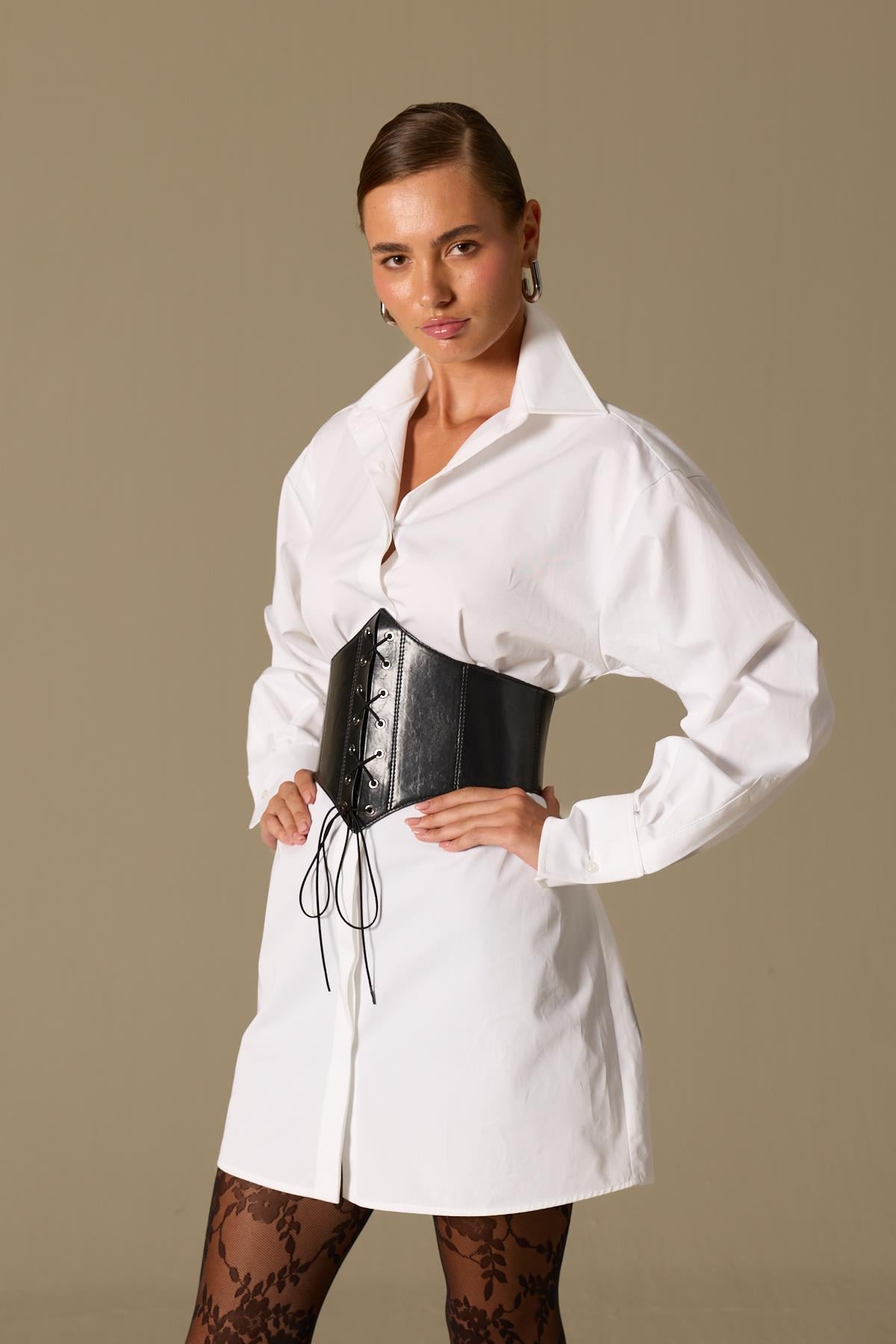 Power Contrast Mini Shirt Dress White
