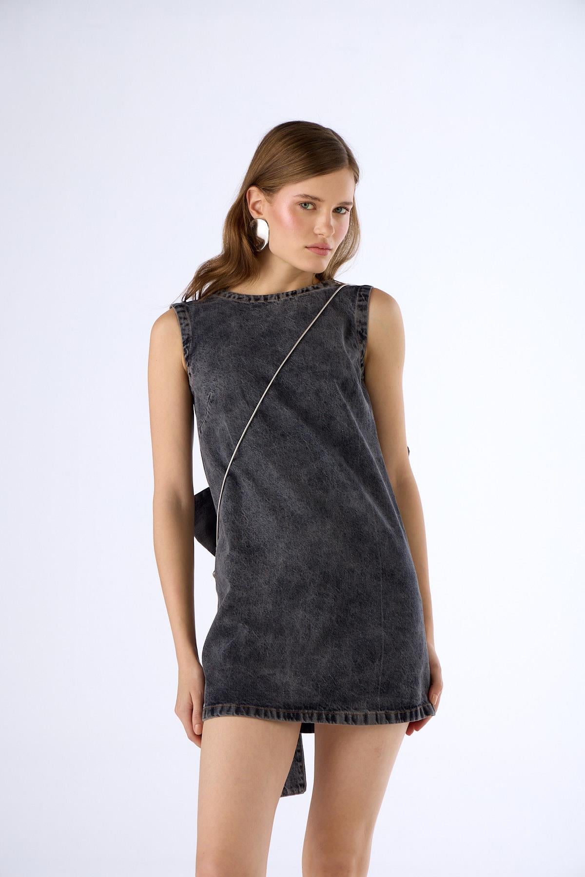 Ribbon Denim Chic Mini Elbise Black Denim