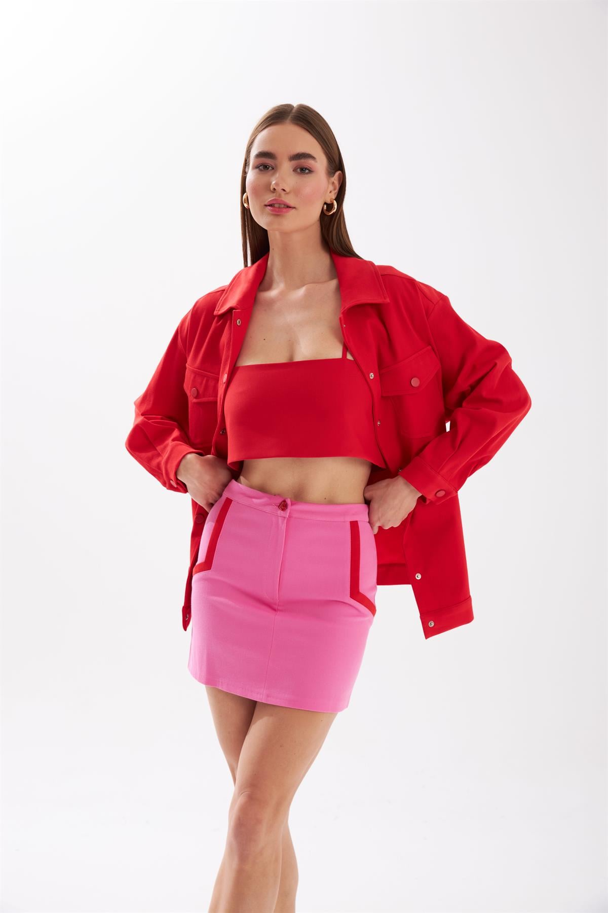 Şerit Detaylı Kısa Etek Pembe