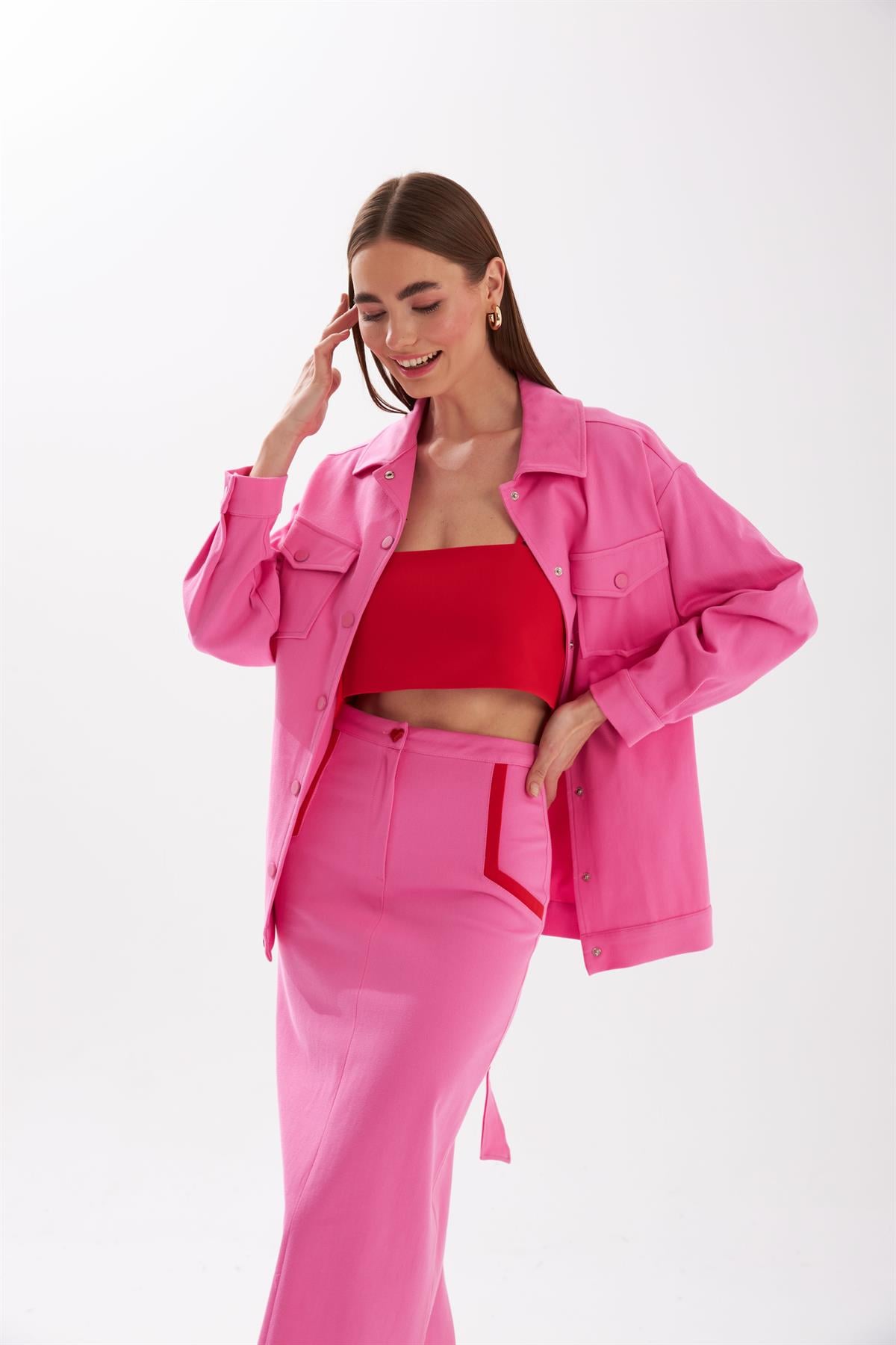 Şerit Detaylı Uzun Etek Pembe