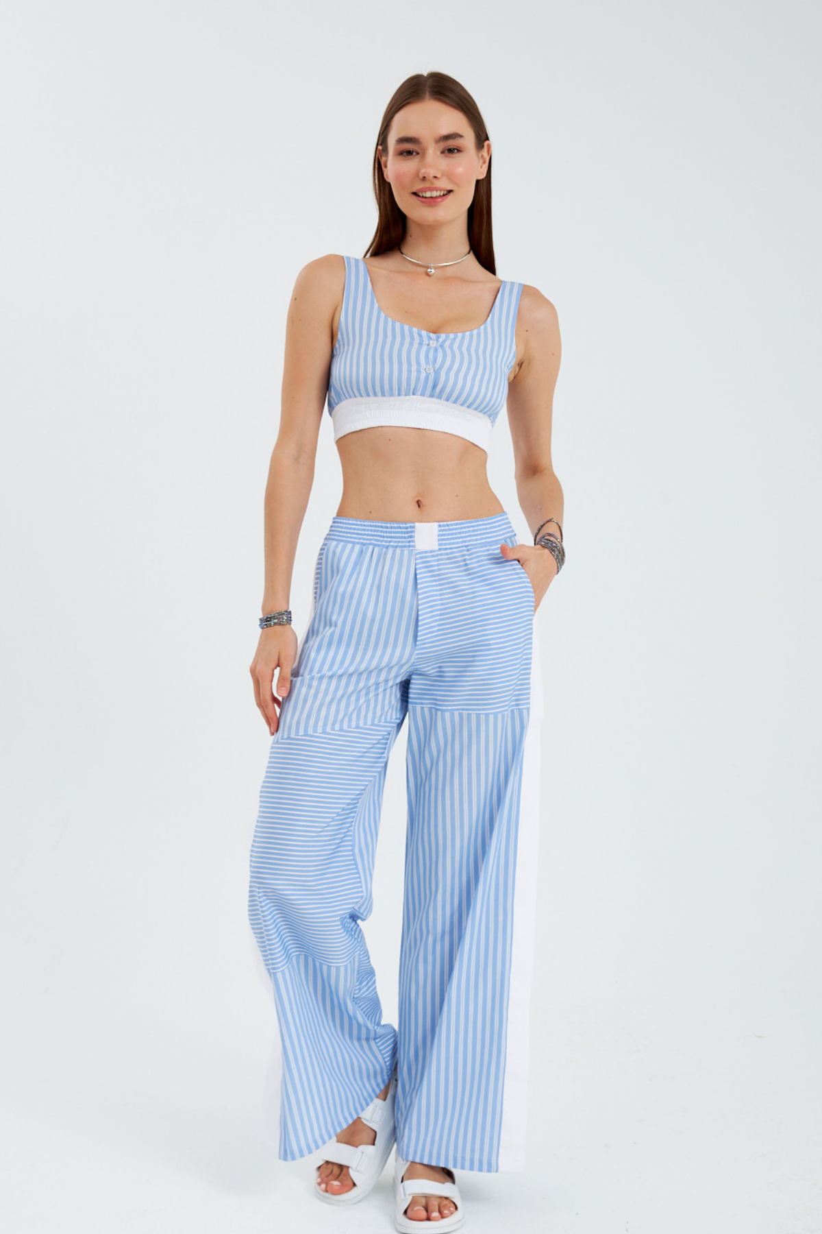 Street Serisi Çizgili Poplin Pantolon Mavi