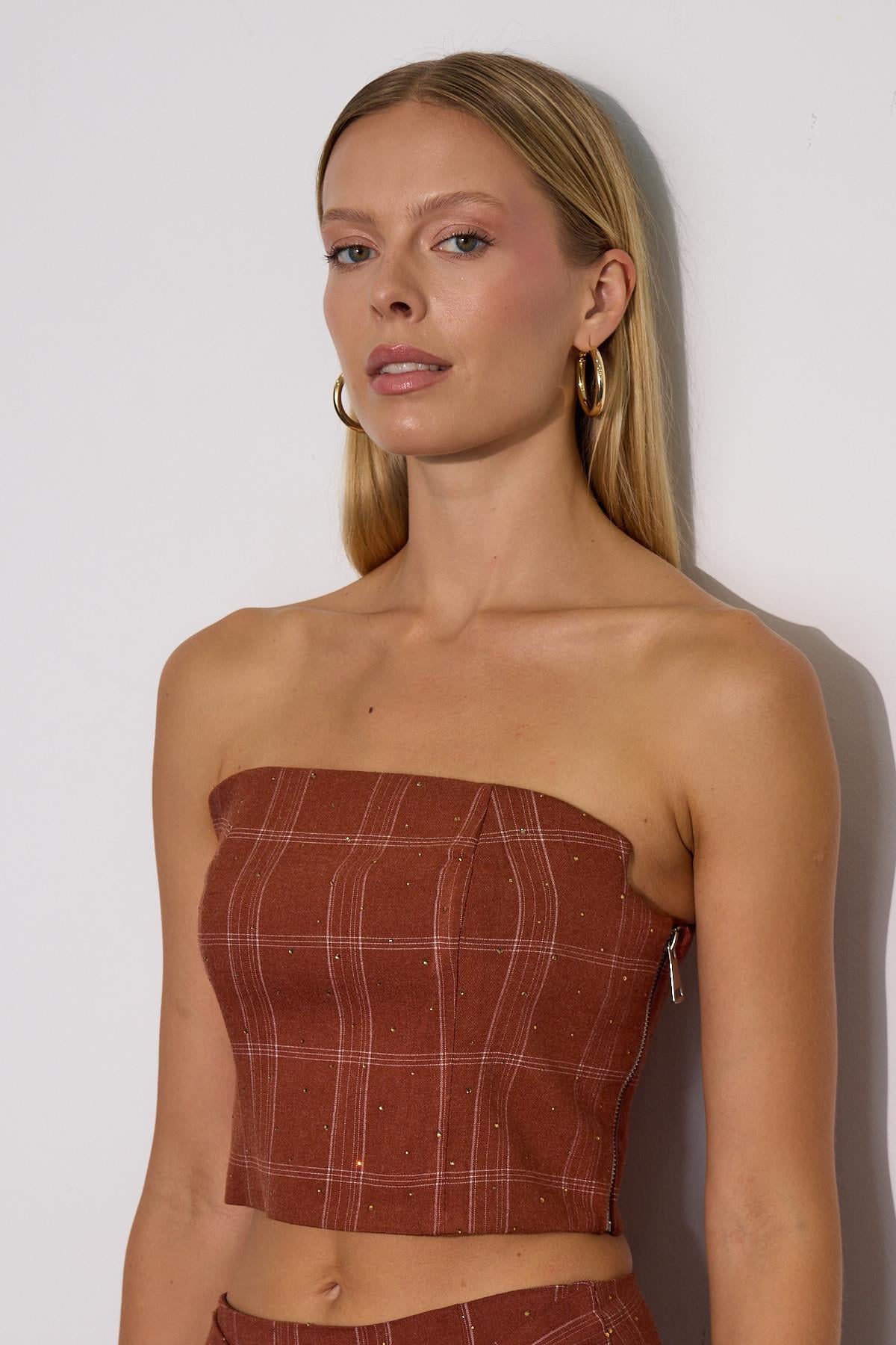 Super Crystal Plaid Ekoseli Crop Büstiyer Camel