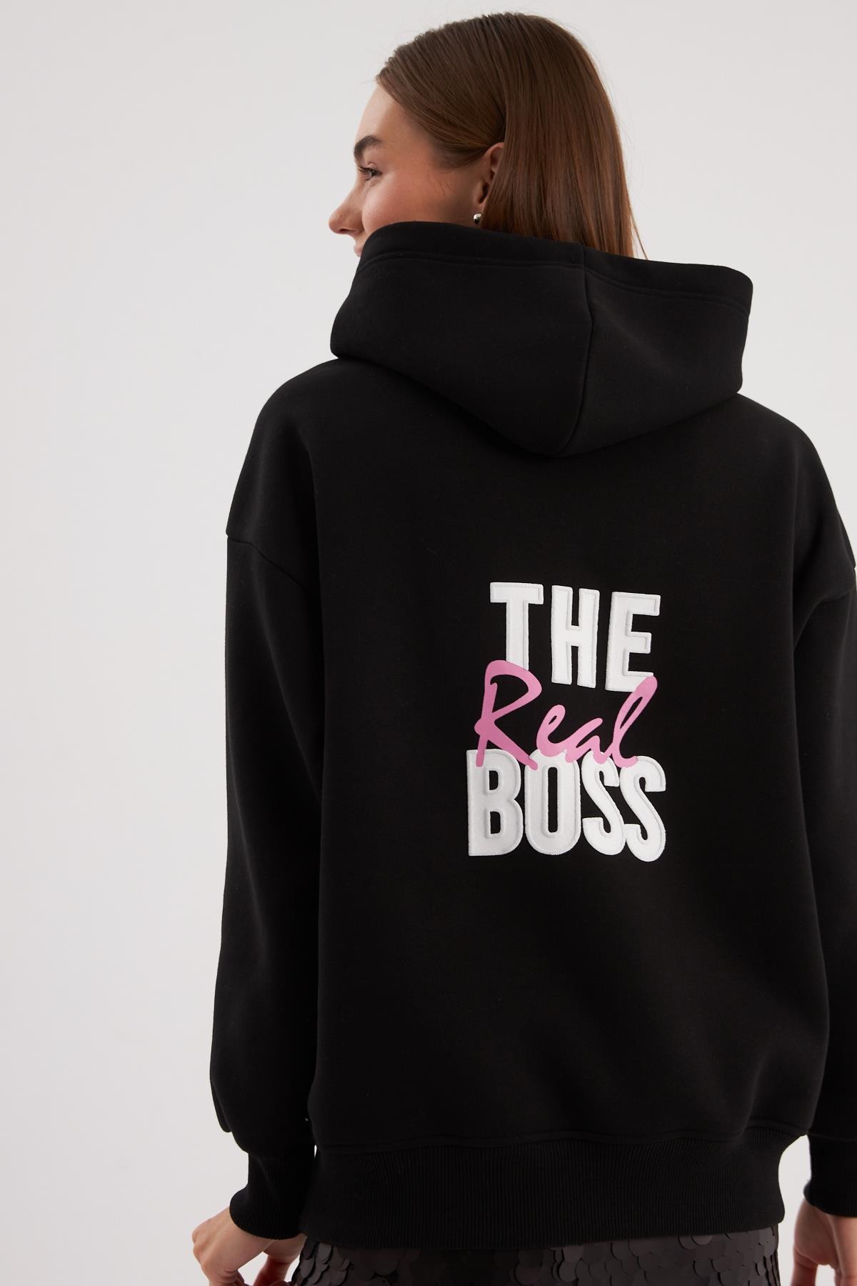 The Real Boss Sloganlı Couple Sweatshirt Siyah