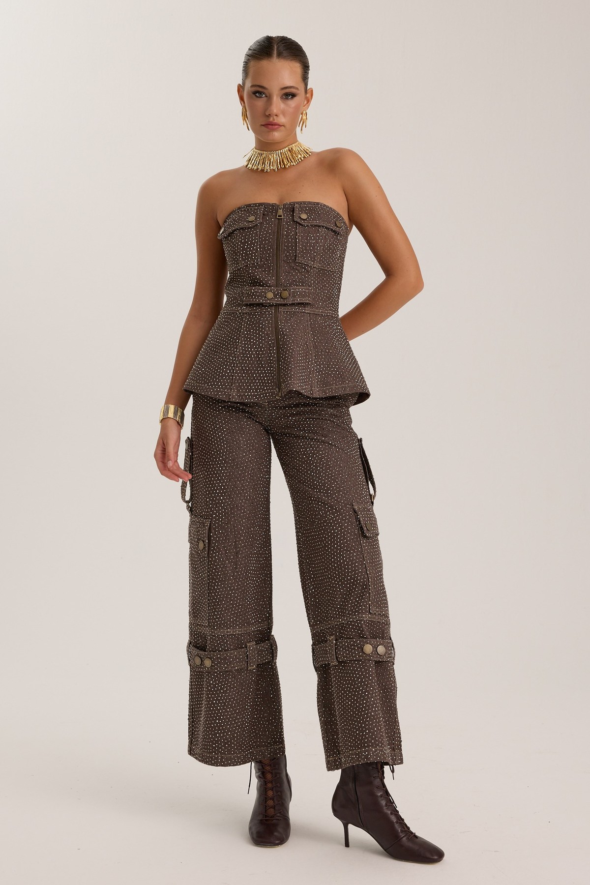 The Rebel Crystal Denim Pant CHOCOLATE