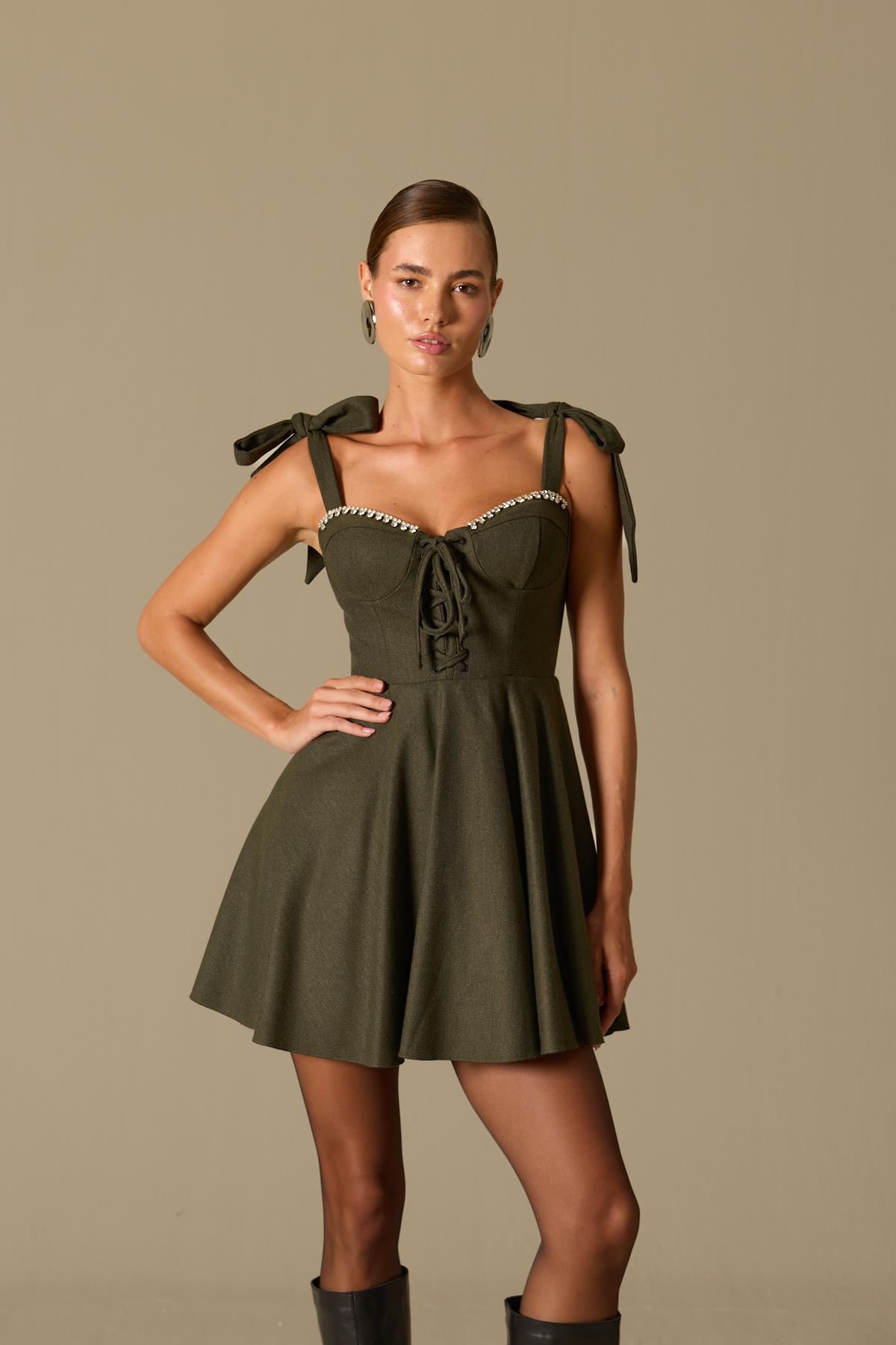 Timeless Grace Mini Elbise Khaki-Anthracite