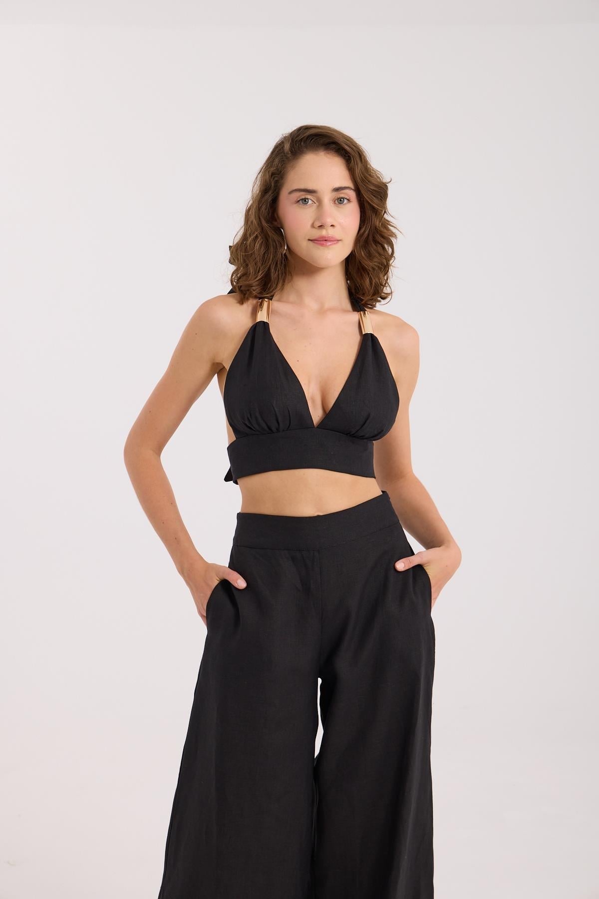 %100 Linen Sarah Bustier Black
