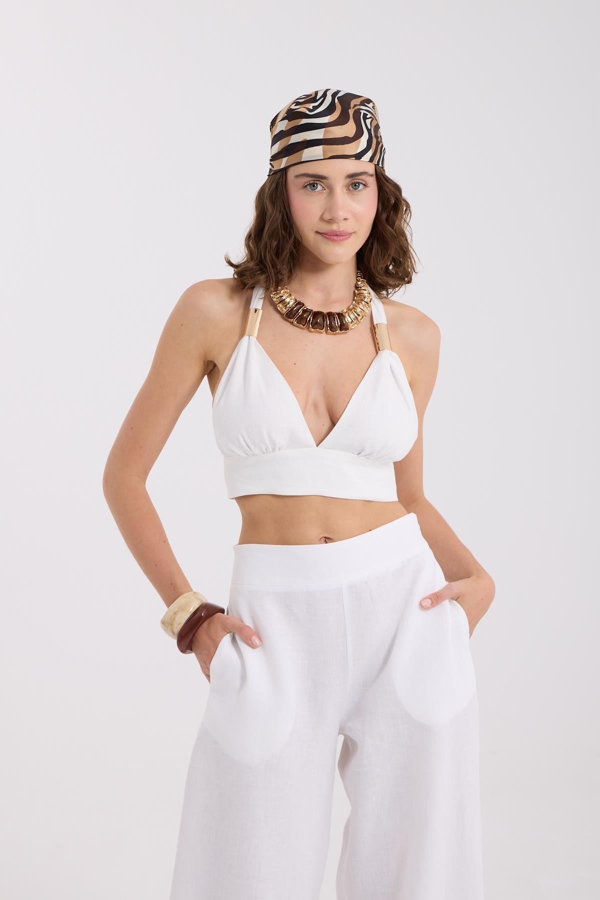 %100 Linen Sarah Bustier White