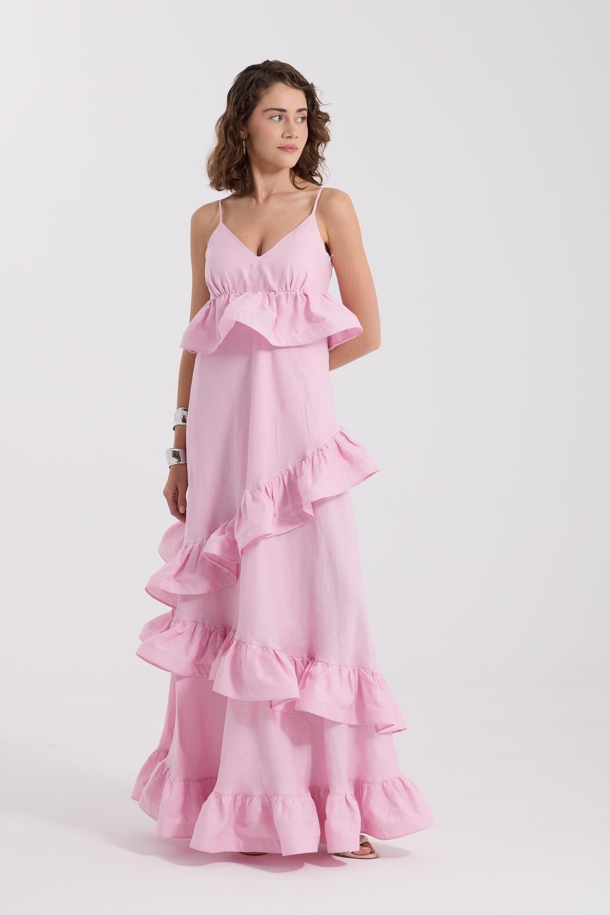 %100 Linen Wawe Maxi Dress Pink