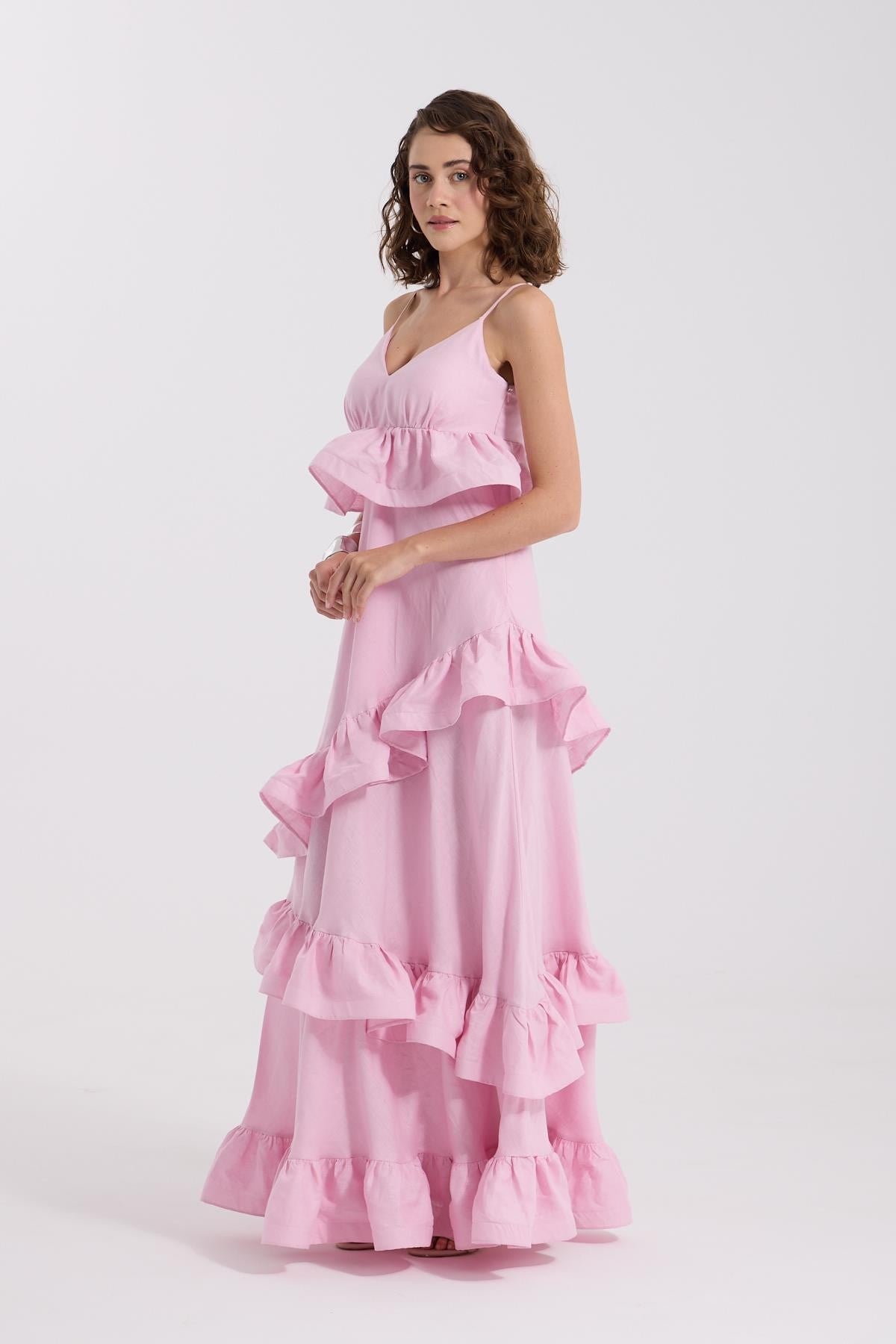 %100 Linen Wawe Maxi Dress Pink