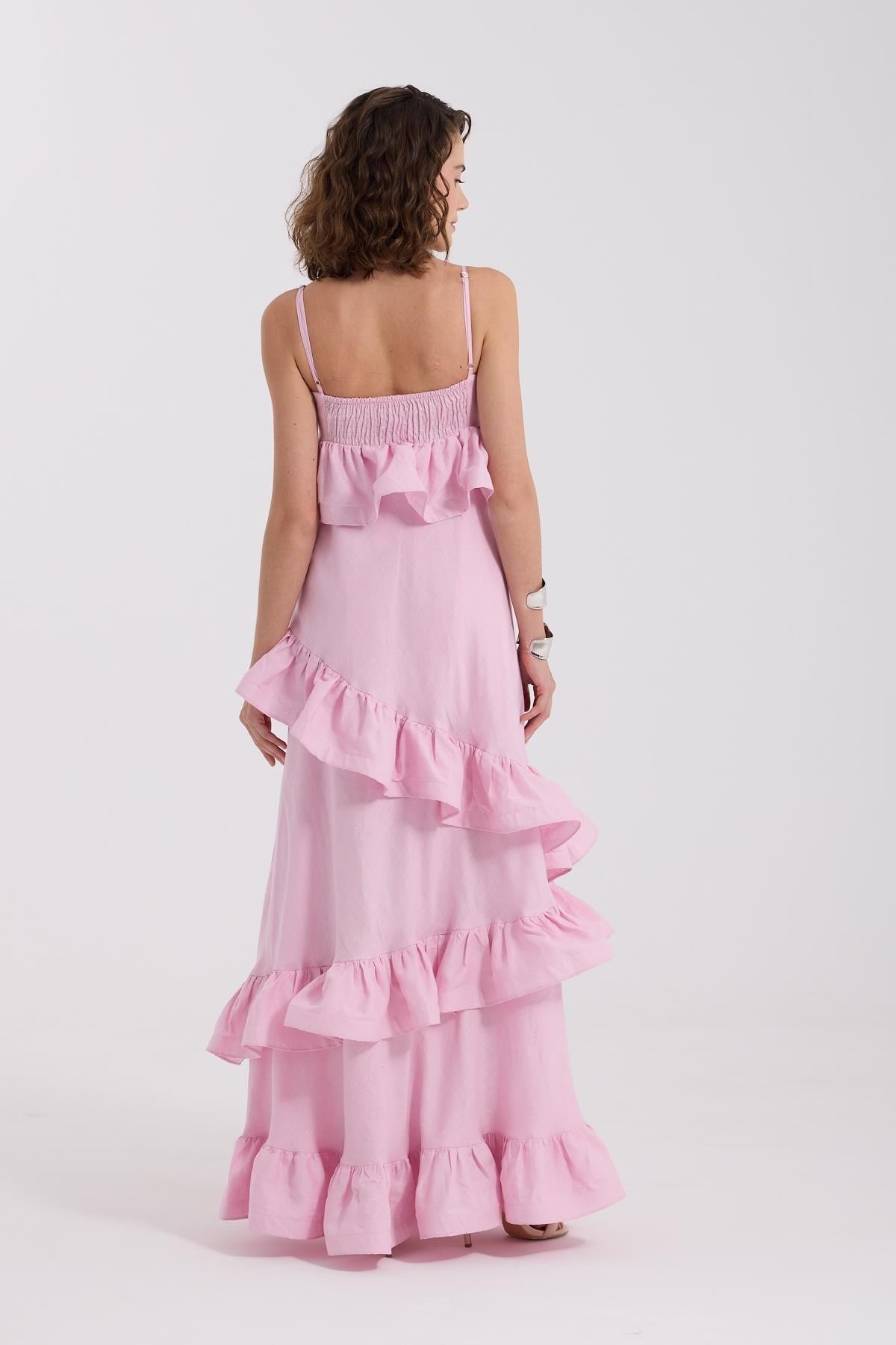 %100 Linen Wawe Maxi Dress Pink