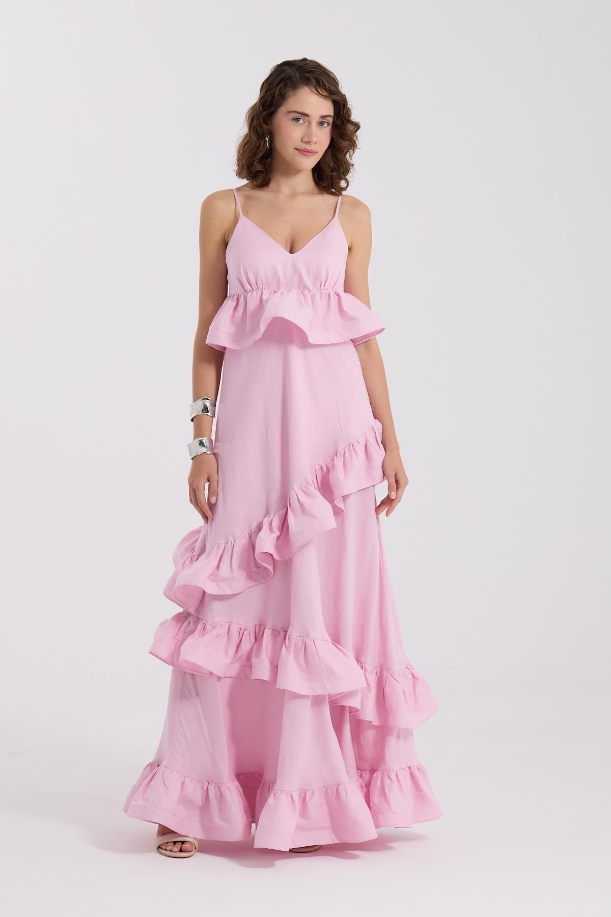 %100 Linen Wawe Maxi Dress Pink