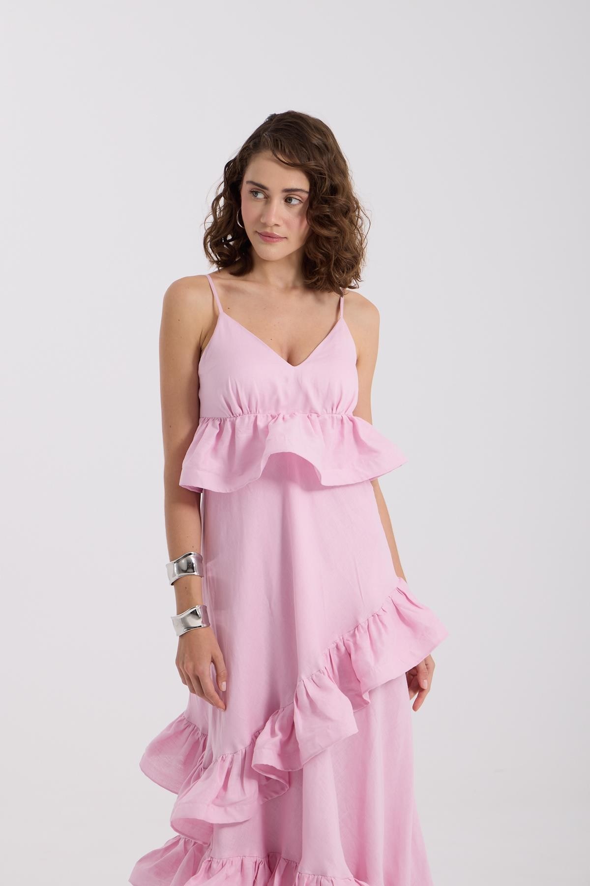 %100 Linen Wawe Maxi Dress Pink