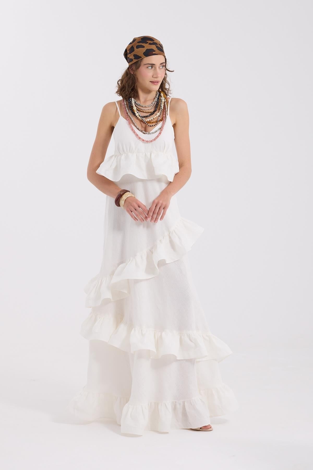 %100 Linen Wawe Maxi Dress White