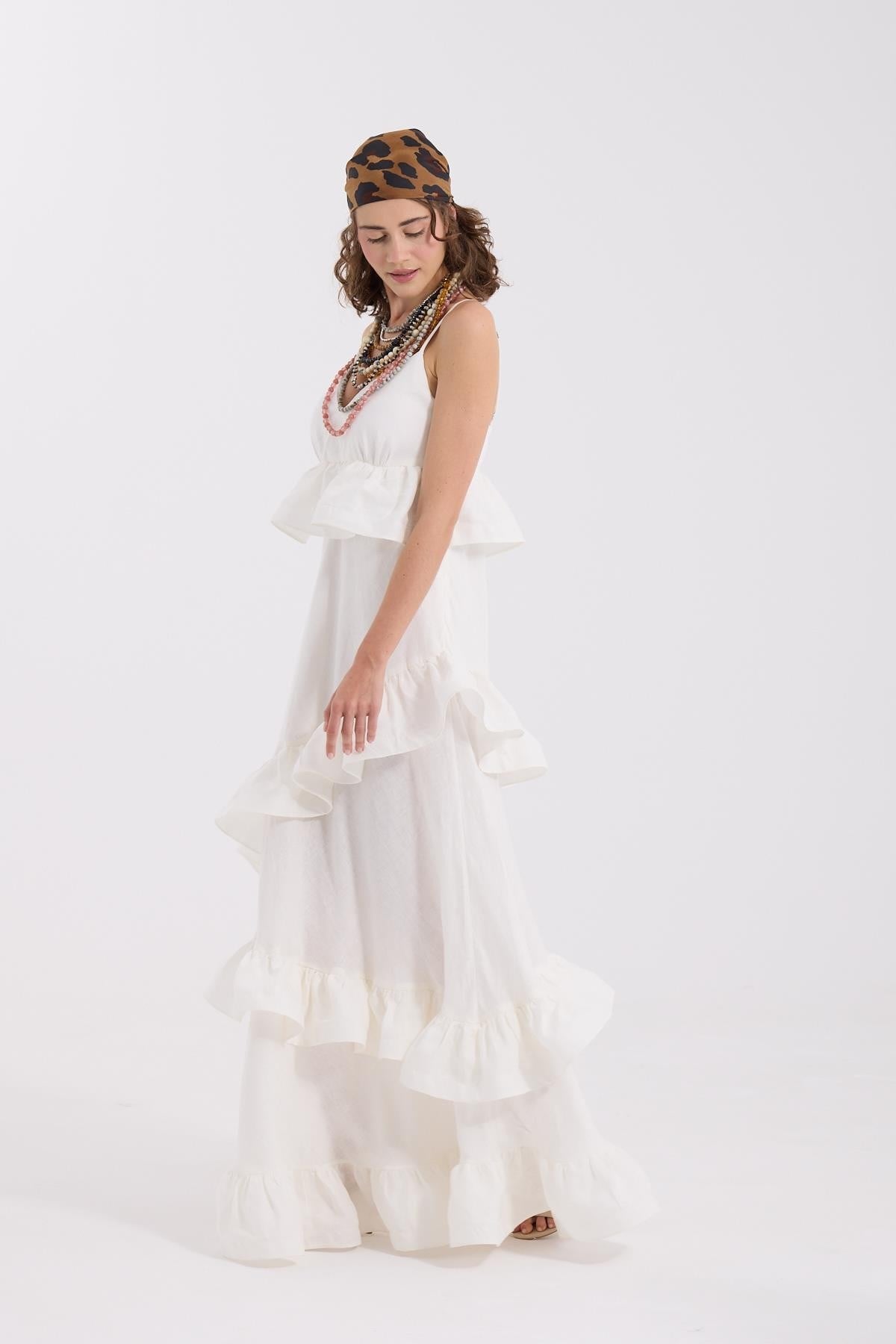 %100 Linen Wawe Maxi Dress White