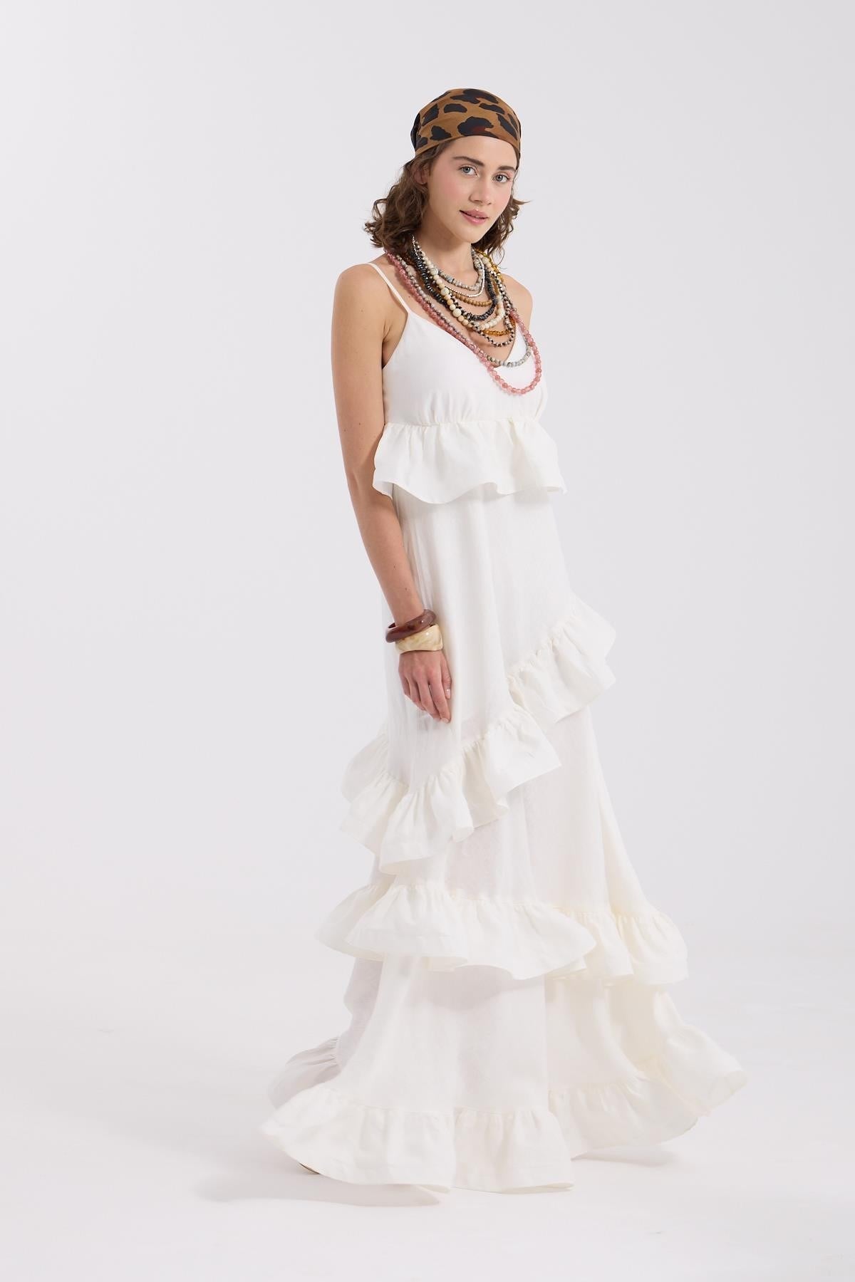 %100 Linen Wawe Maxi Dress White