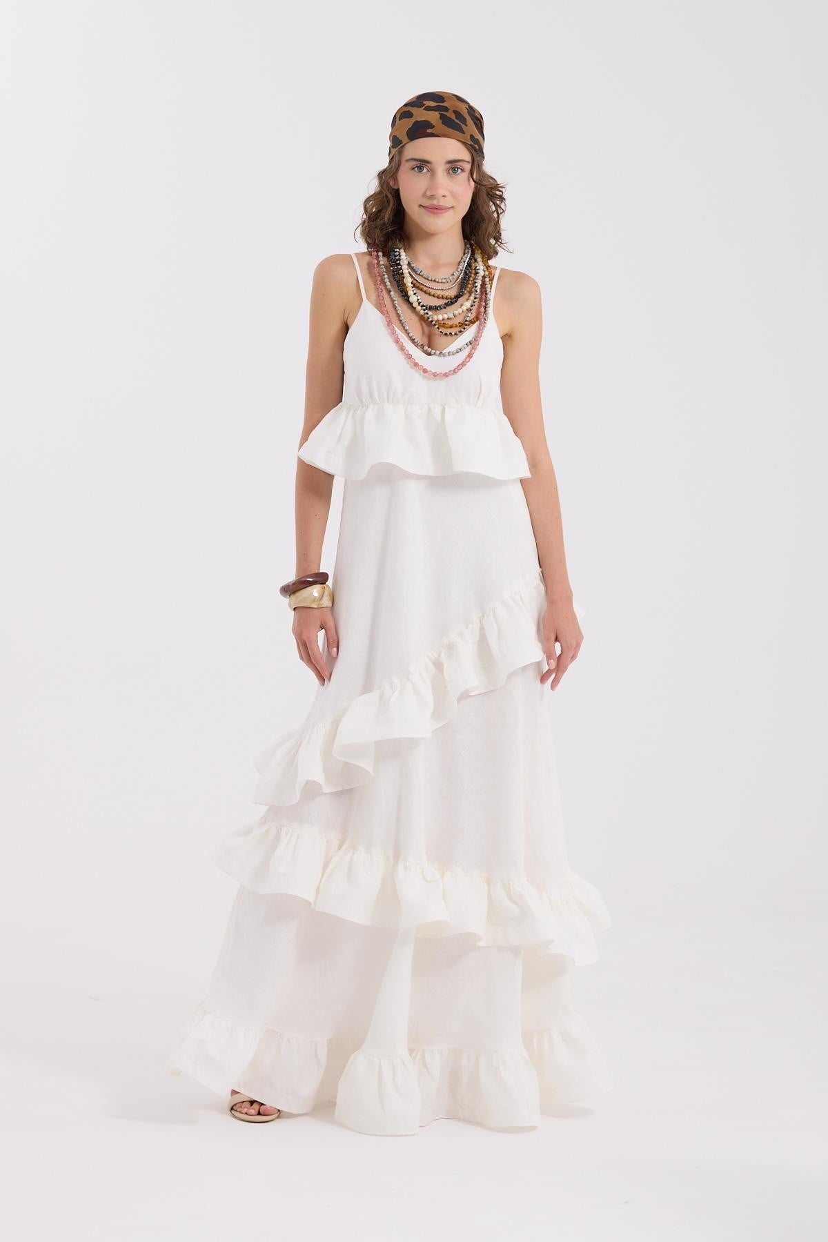 %100 Linen Wawe Maxi Dress White