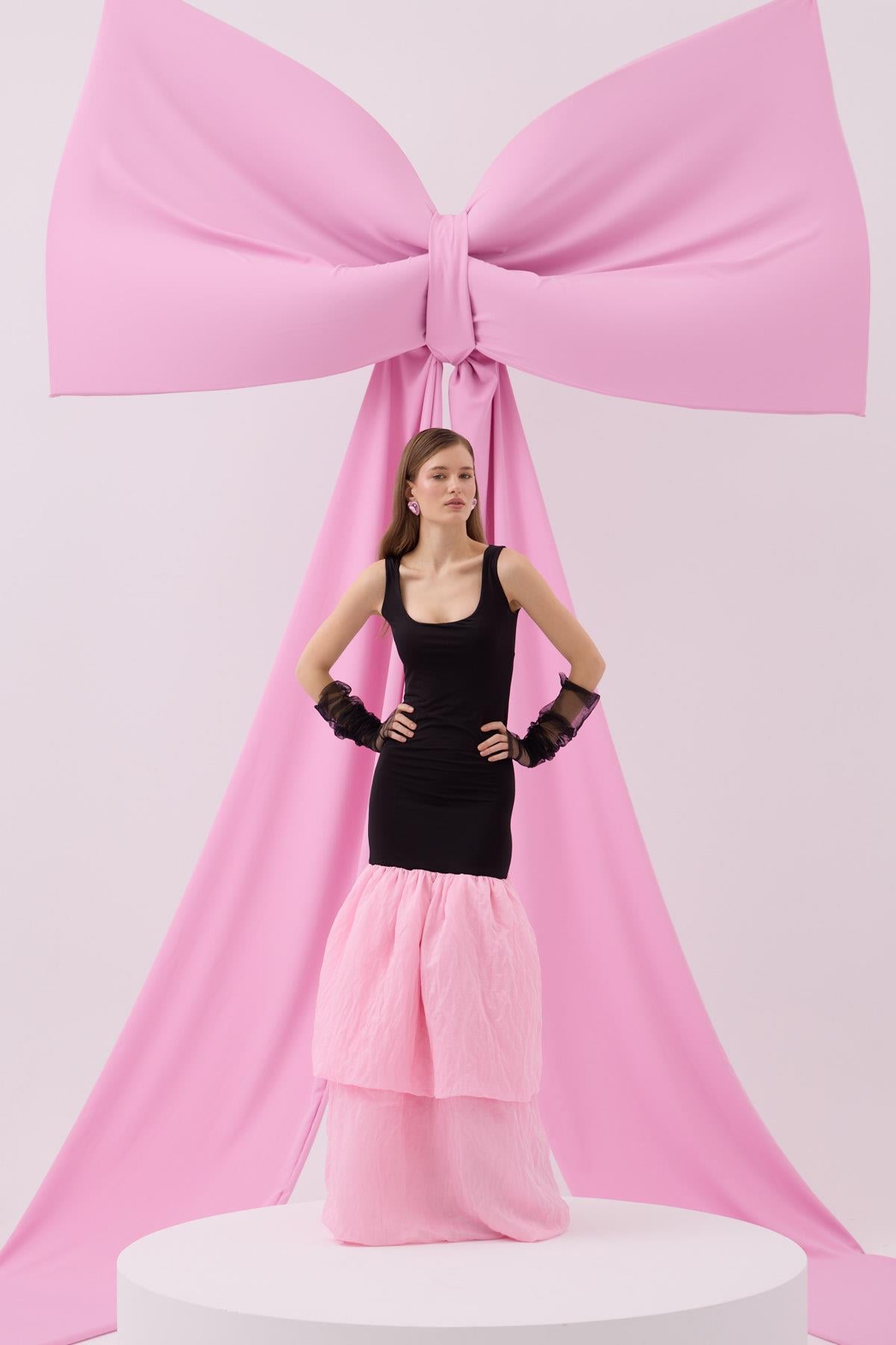 Audrey Maxi Boy Strech Elbise Siyah-Şeker Pembe