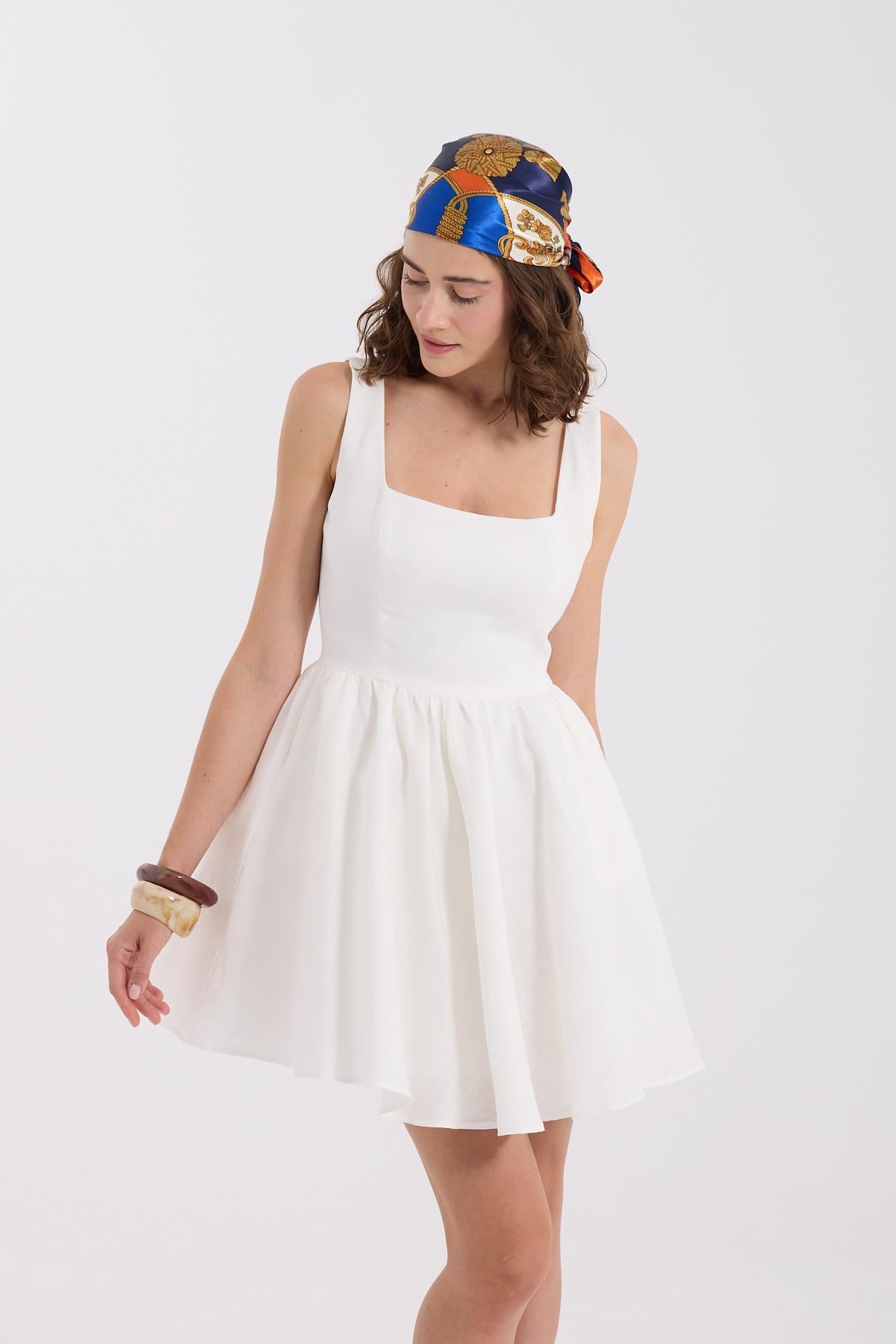 Back to Love 100% Keten Mini  Elbise Beyaz