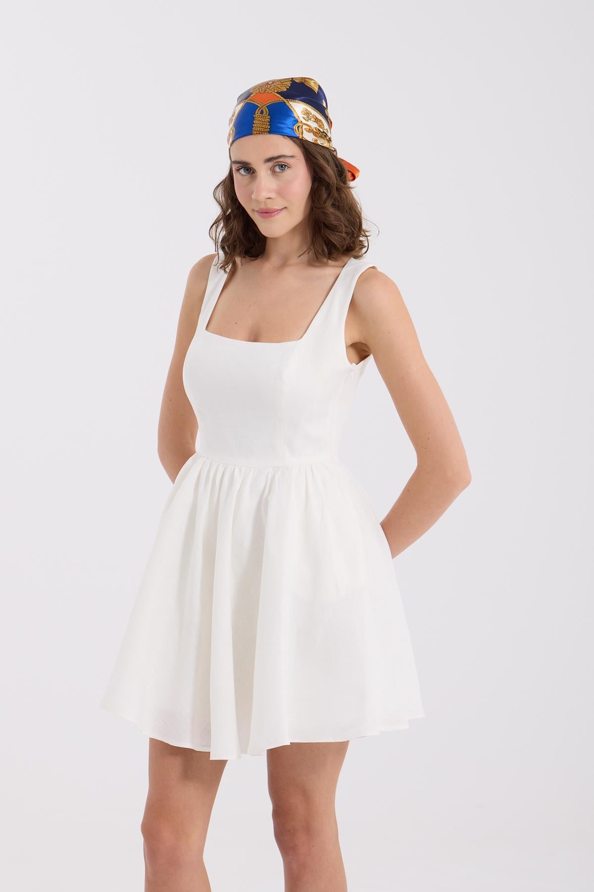 Back to Love 100% Keten Mini  Elbise Beyaz