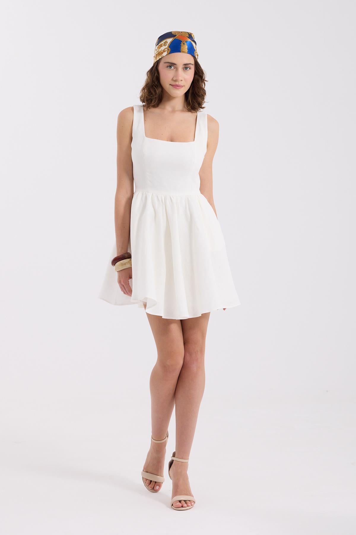 Back to Love 100% Keten Mini  Elbise Beyaz