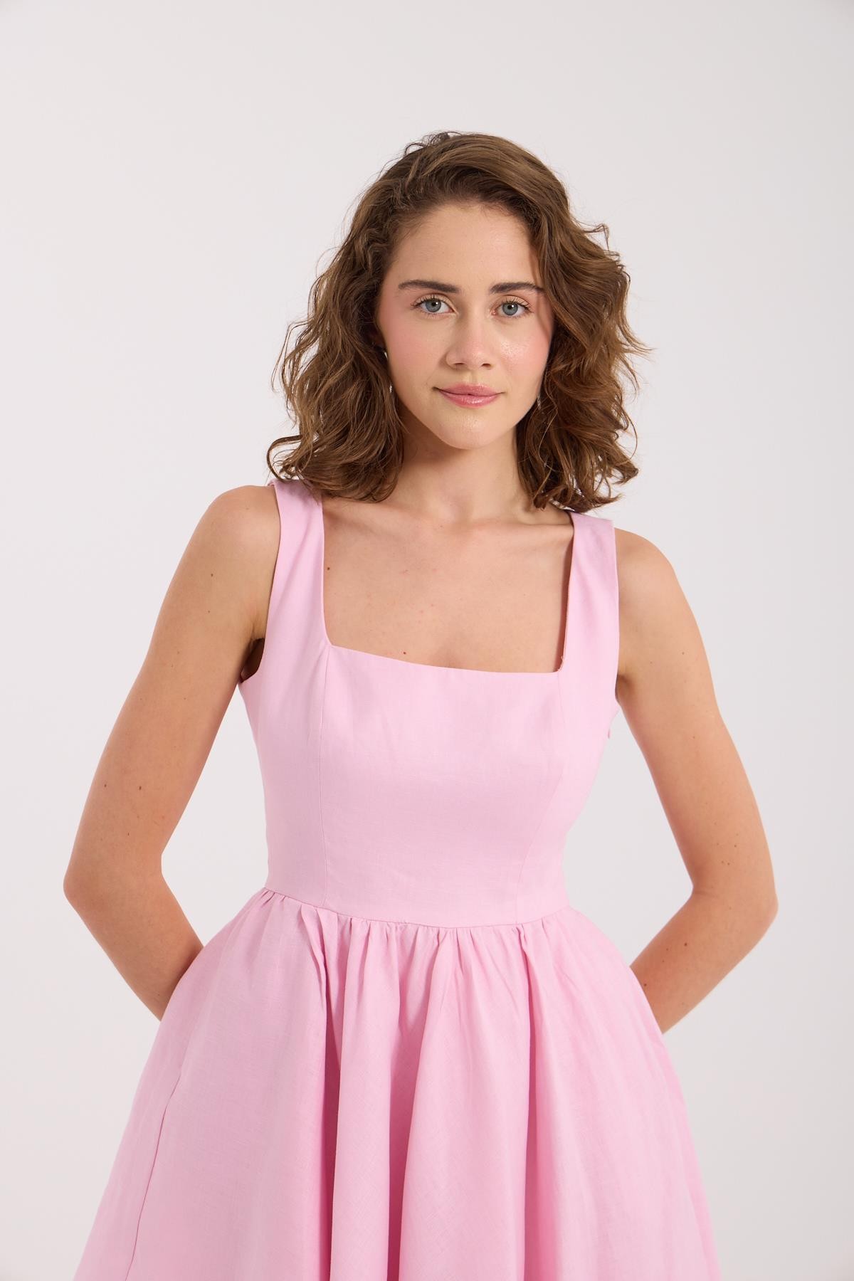 Back to Love 100% Keten Mini  Elbise Pembe