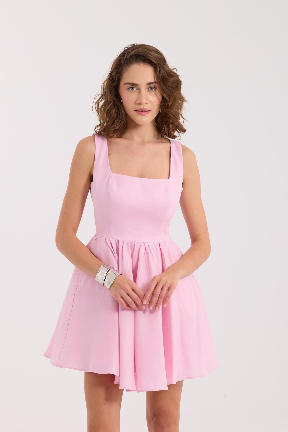 Back to Love 100% Keten Mini  Elbise Pembe