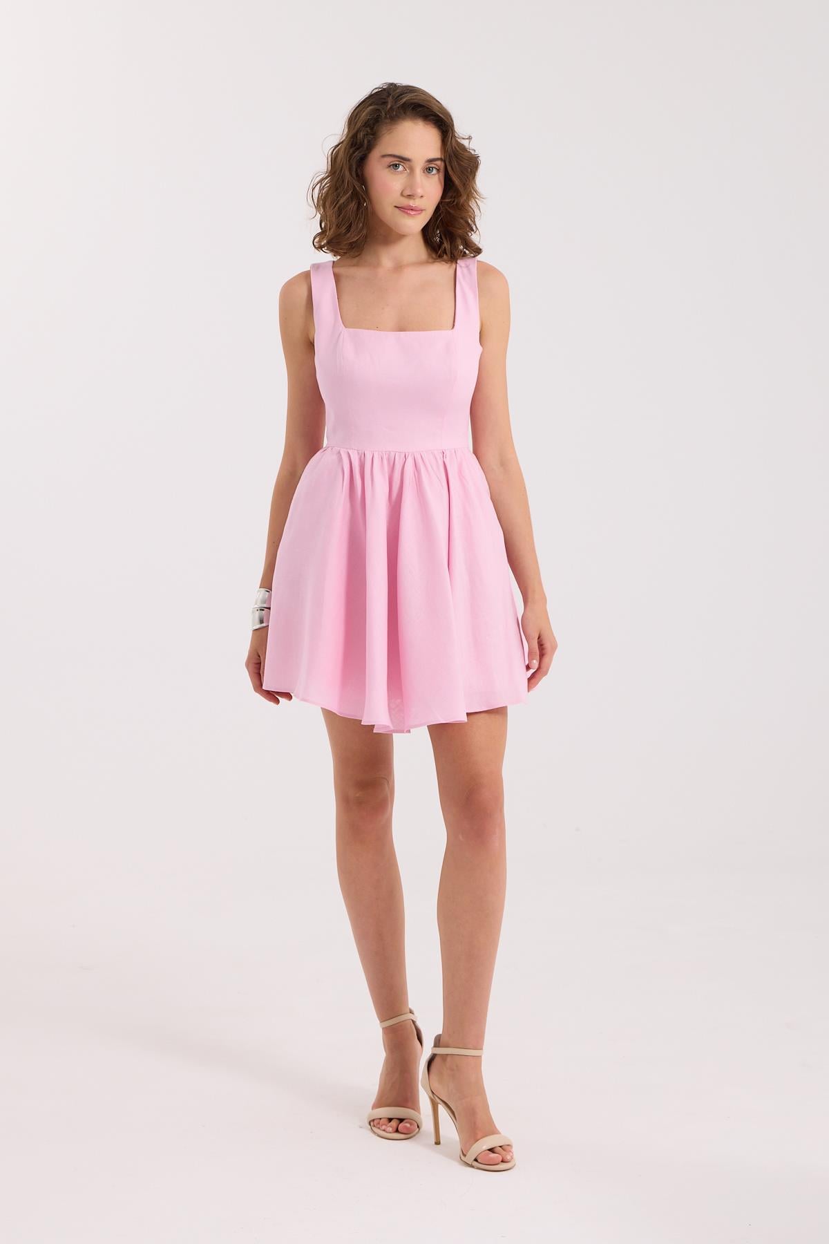 Back to Love 100% Keten Mini  Elbise Pembe
