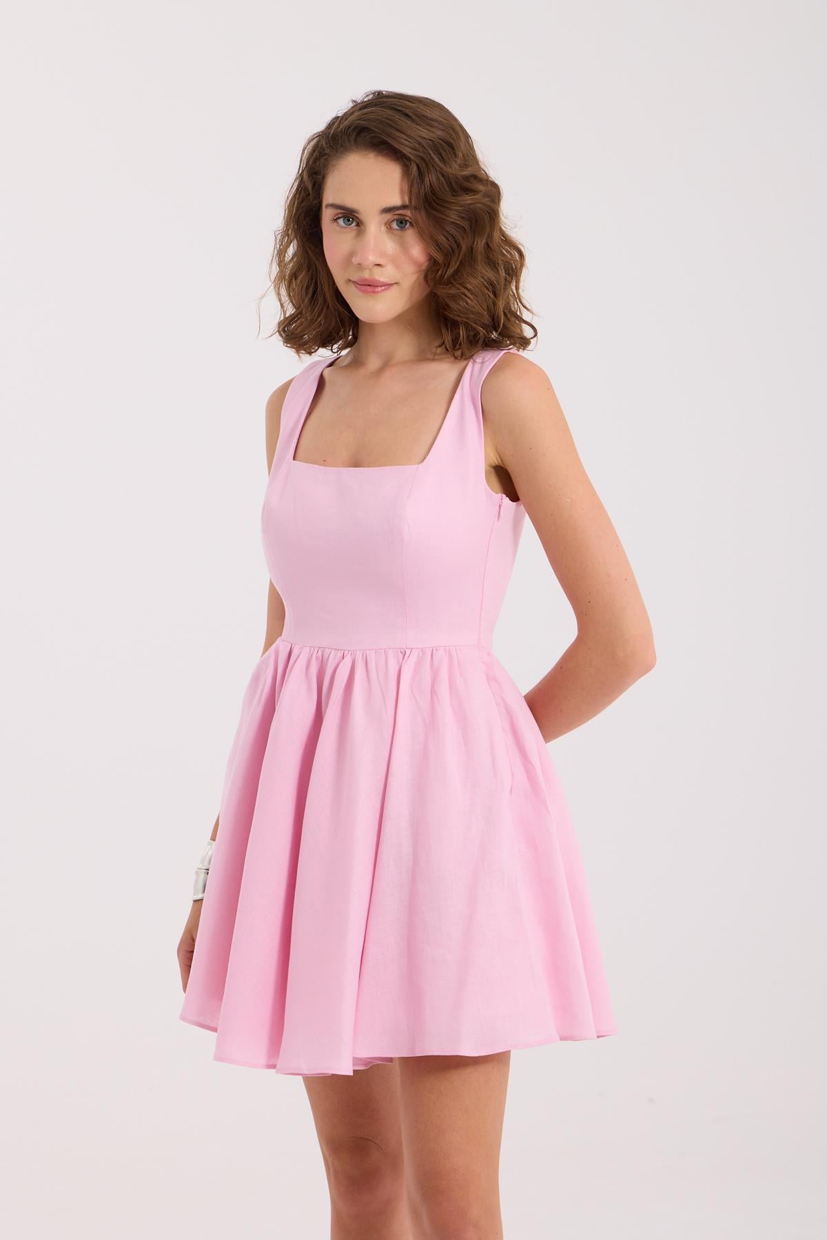 Back to Love 100% Keten Mini  Elbise Pembe