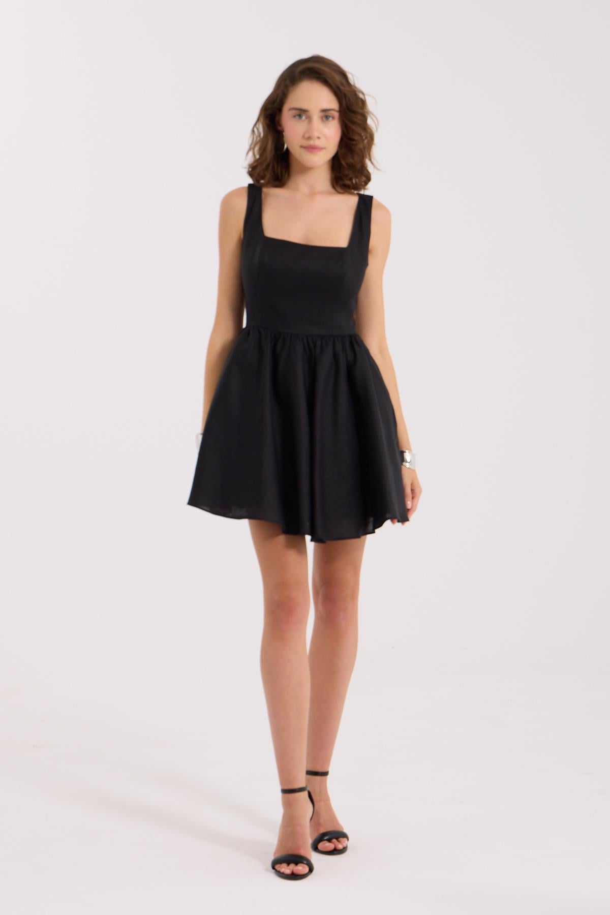Back to Love 100% Keten Mini  Elbise Siyah