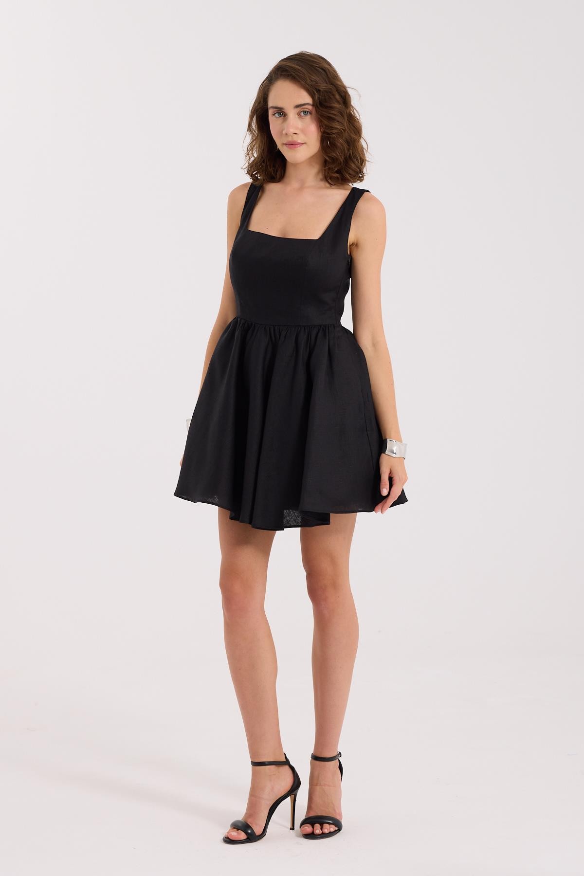 Back to Love 100% Keten Mini  Elbise Siyah