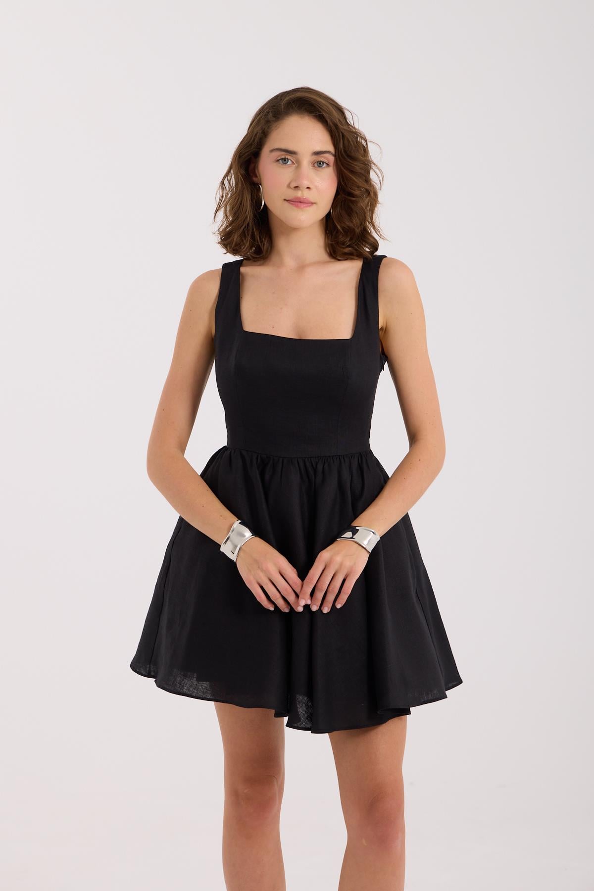 Back to Love 100% Keten Mini  Elbise Siyah