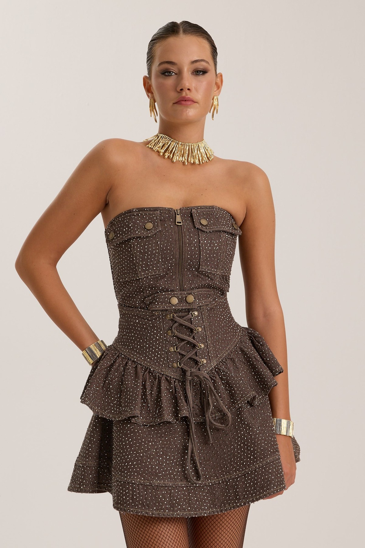 Belle de Jour Cyrstal Denim Mini Skirt CHOCOLATE
