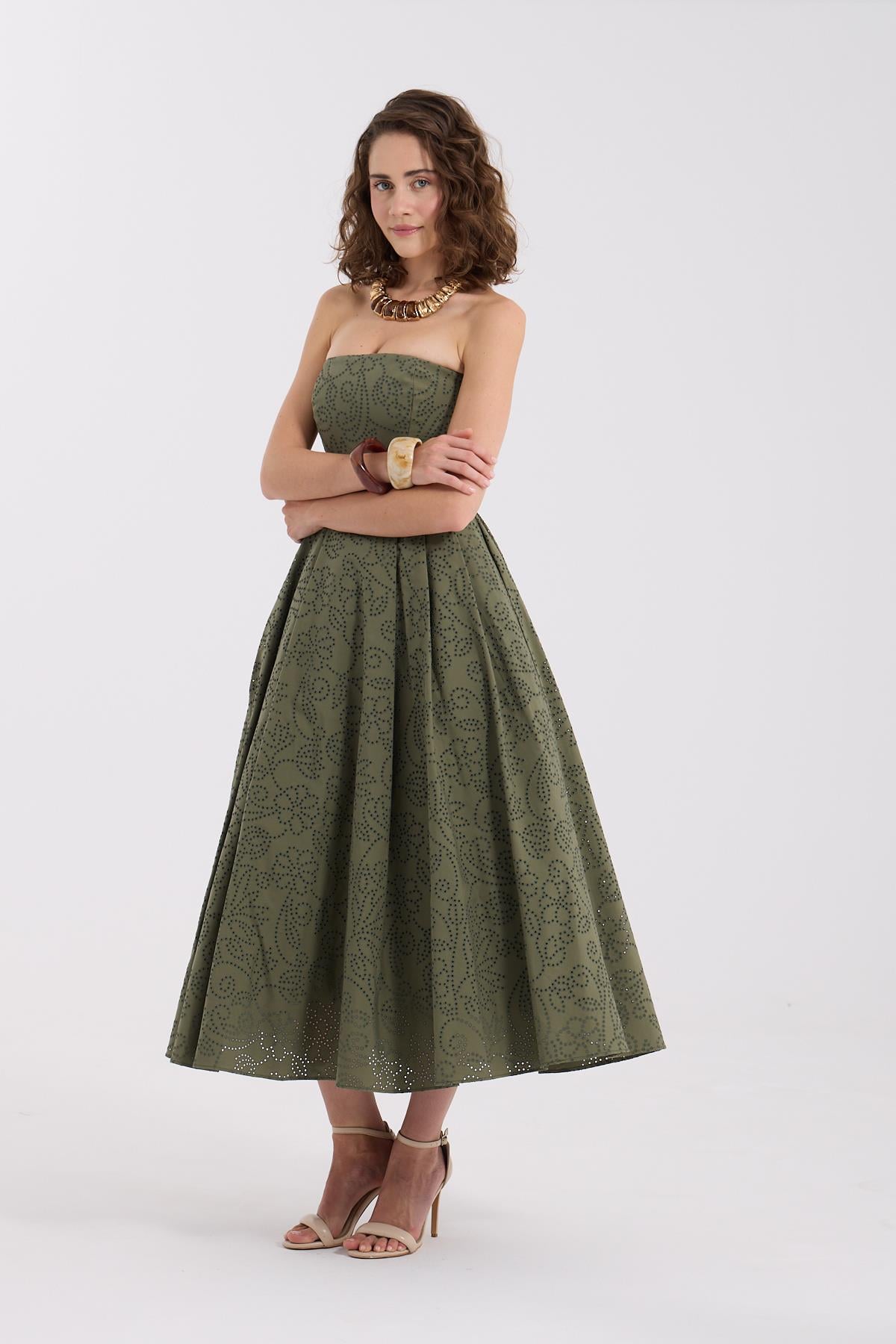 Blooming Grace Straplez Maxi Boy Elbise Haki