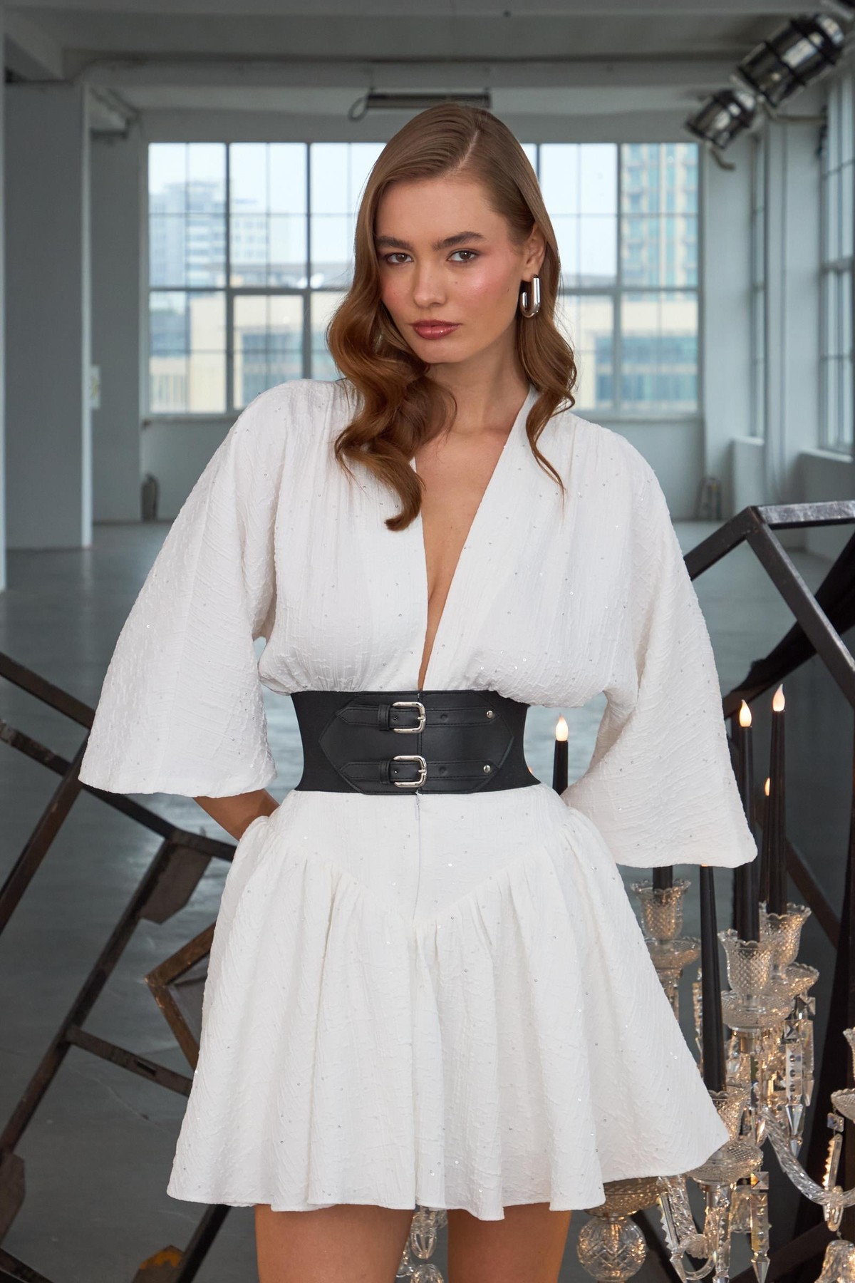 Chic Linen Sparkle Mini Dress Beyaz