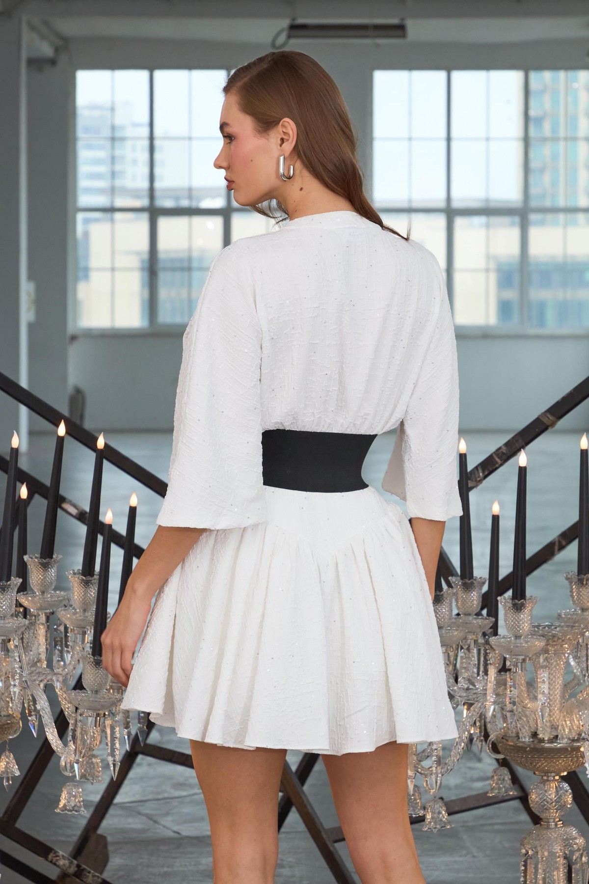 Chic Linen Sparkle Mini Dress Beyaz