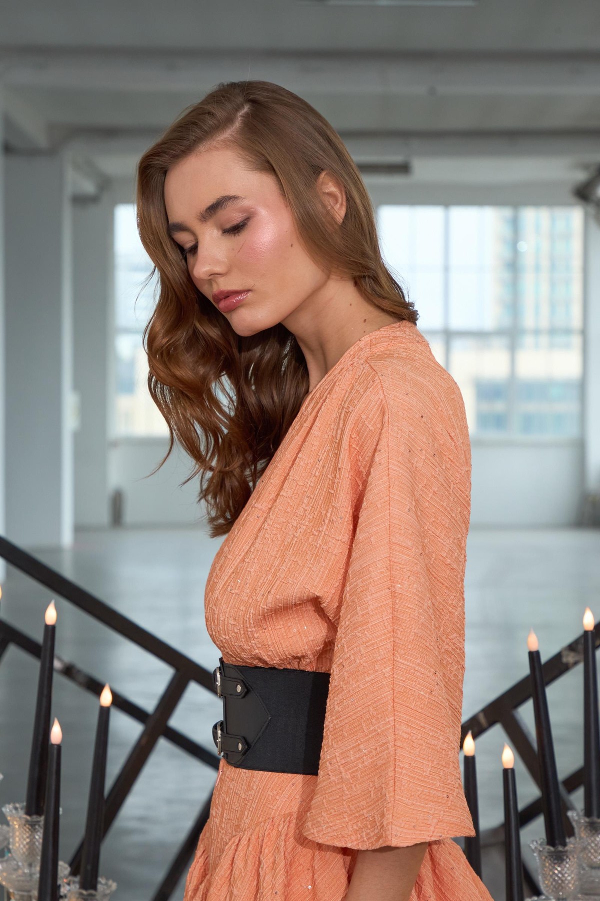 Chic Linen Sparkle Mini Dress ŞEFTALİ