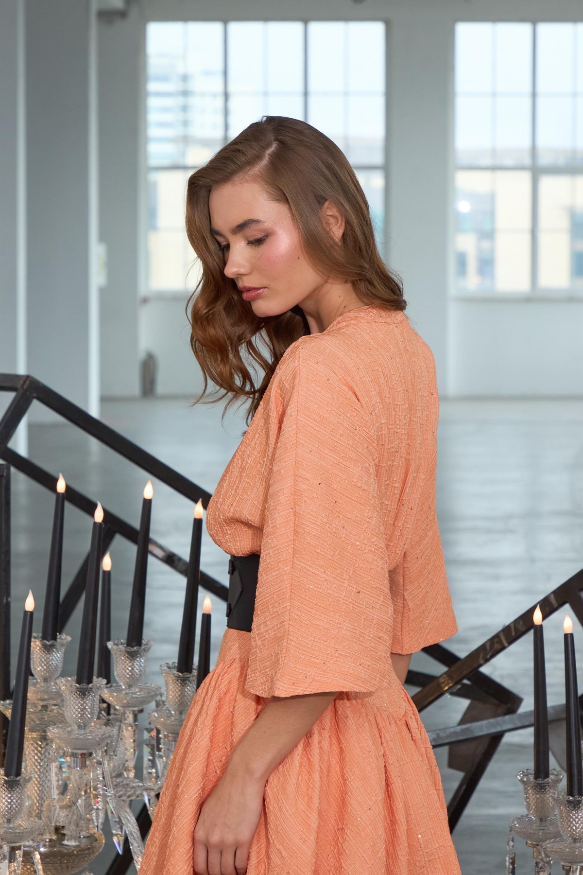 Chic Linen Sparkle Mini Dress ŞEFTALİ