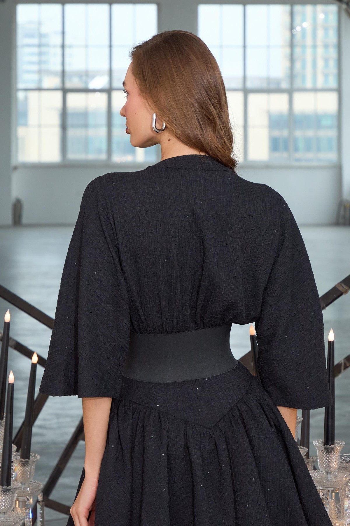Chic Linen Sparkle Mini Dress Siyah