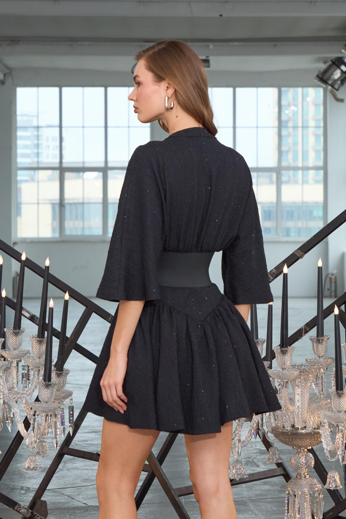 Chic Linen Sparkle Mini Dress Siyah