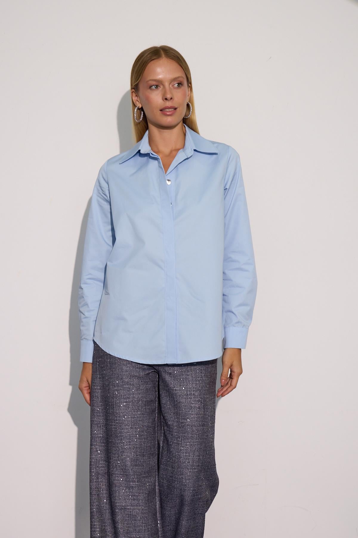 Cindy %100 Cotton Uzun Basic Gömlek AÇIK MAVİ