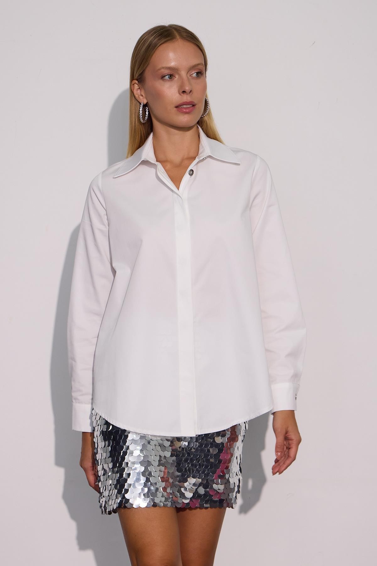Cindy %100 Cotton Uzun Basic Gömlek Beyaz